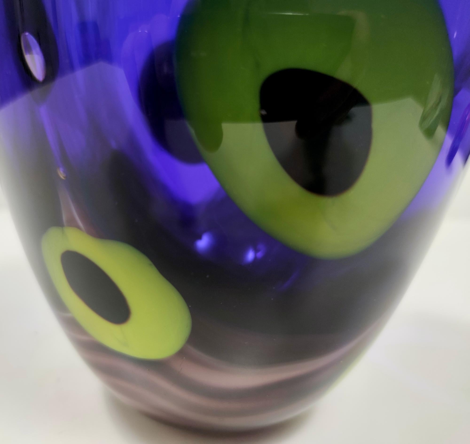 Late 20th Century Postmodern Blue Thick Murano Glass Vase with Chartreuse and Black Spots, Italy For Sale