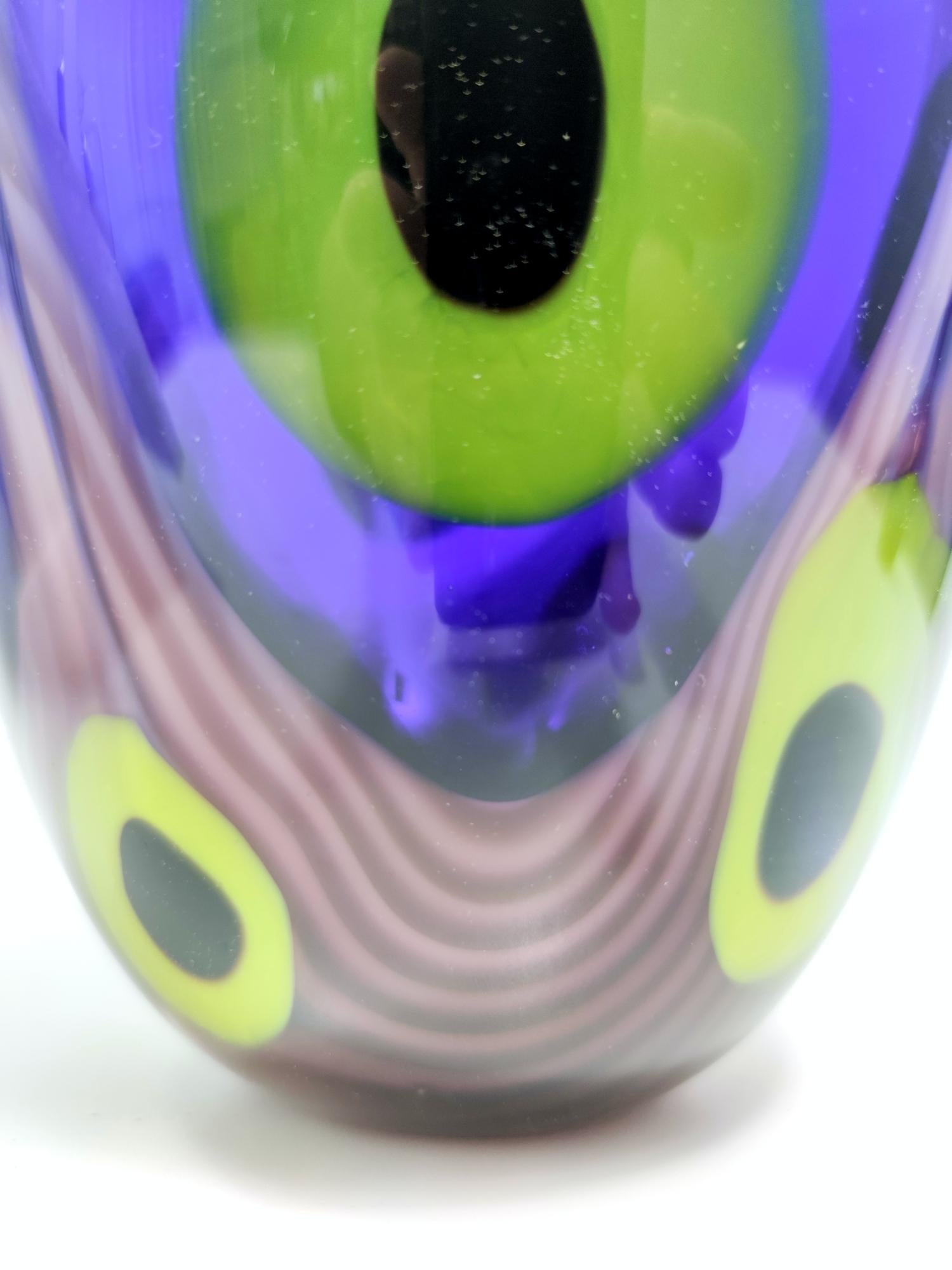 Postmodern Blue Thick Murano Glass Vase with Chartreuse and Black Spots, Italy For Sale 2