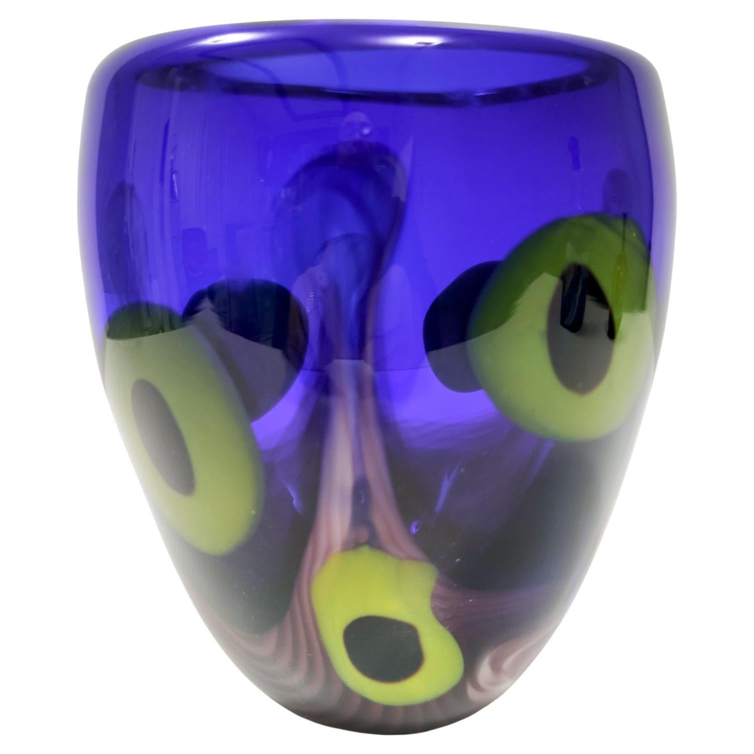 Vintage Blue Murano Glass Vase with Chartreuse and Black Spots, Italy 1980s