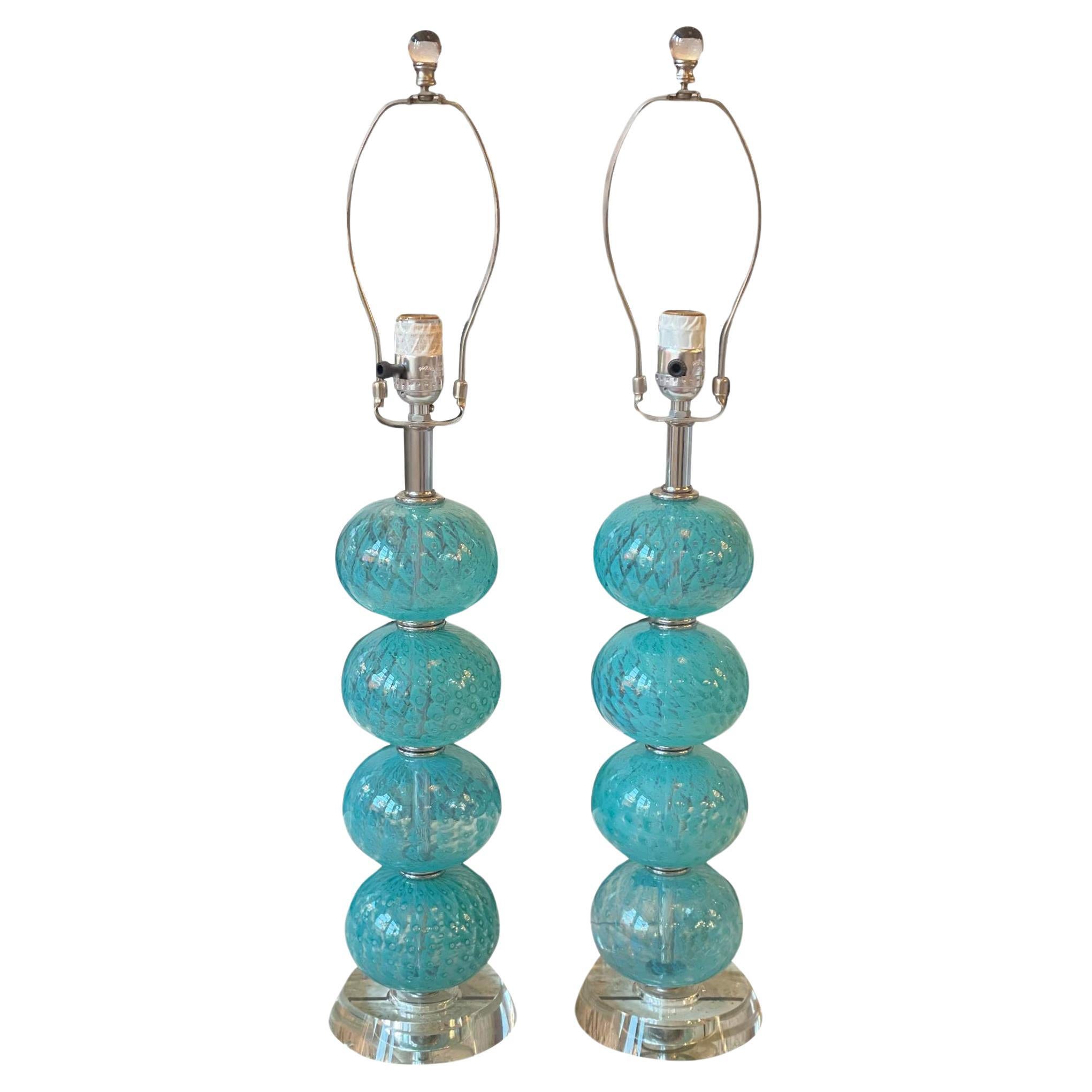 Vintage Blue Murano Lamps - a Pair