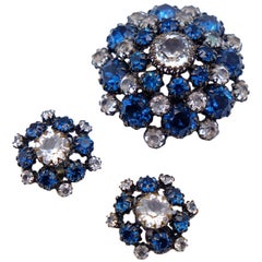 Vintage Blue Navy Glass Schreiner Set Brooch and Earrings 1960s