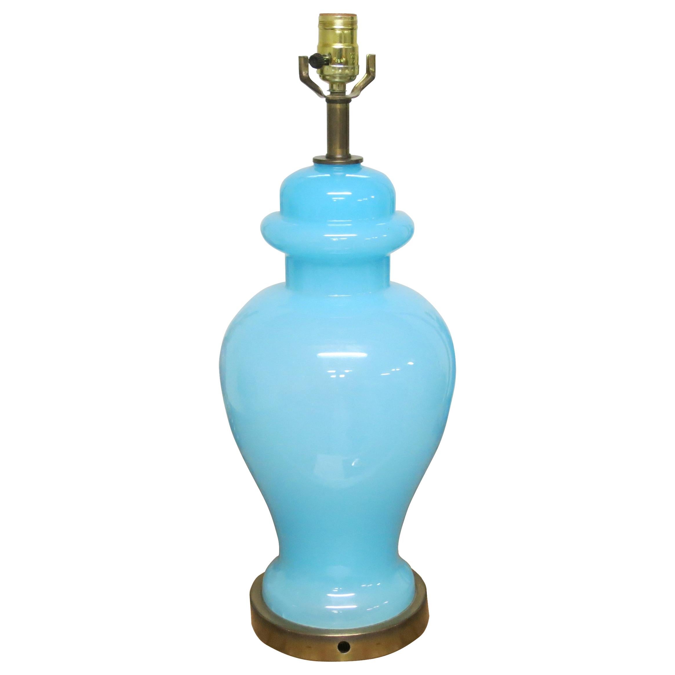 Vintage Blue Opaline Glass Lamp For Sale