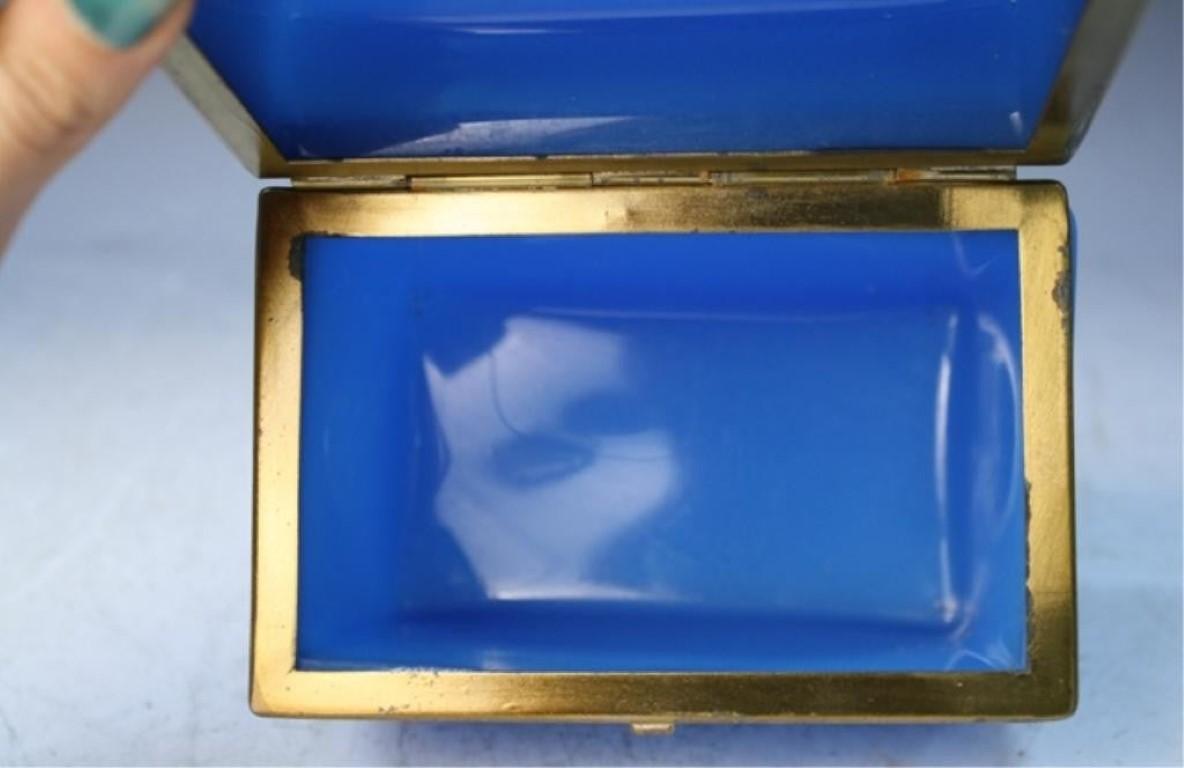 Vintage Blue Opaline Glass Vanity Box with Brass Setting In Good Condition In Chicago, IL