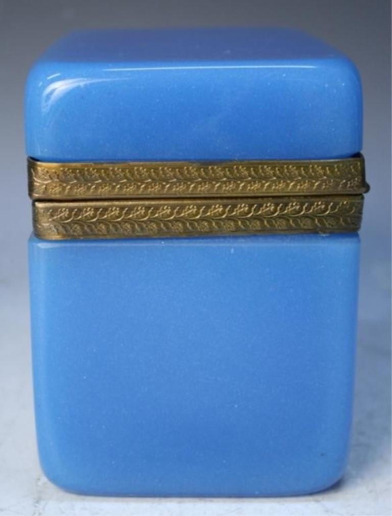 Vintage Blue Opaline Glass Vanity Box with Brass Setting 1