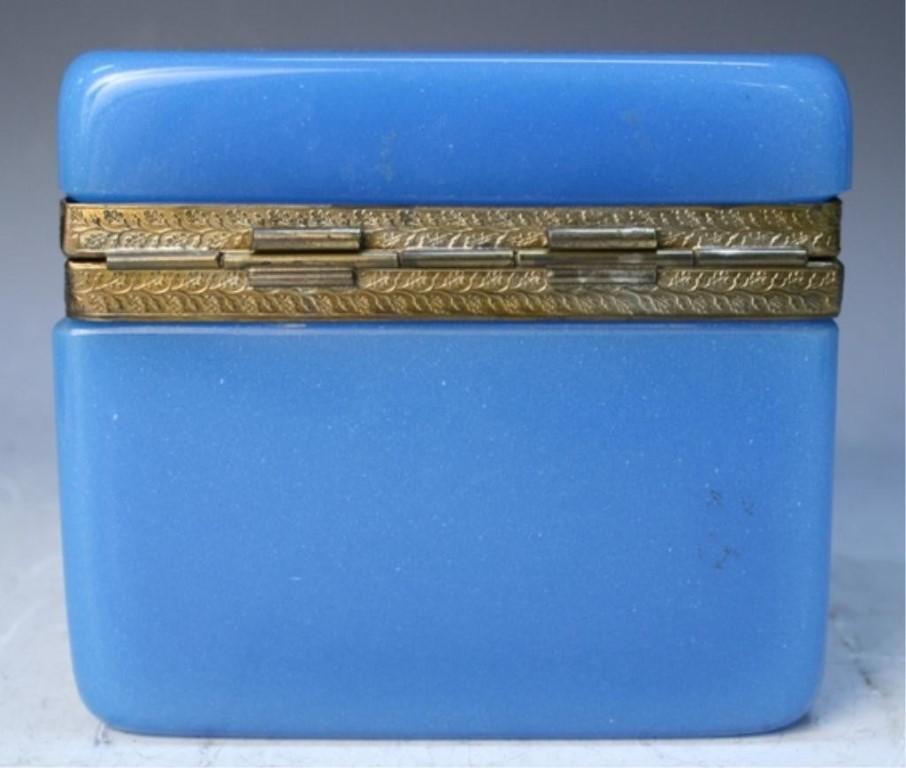 Vintage Blue Opaline Glass Vanity Box with Brass Setting 2