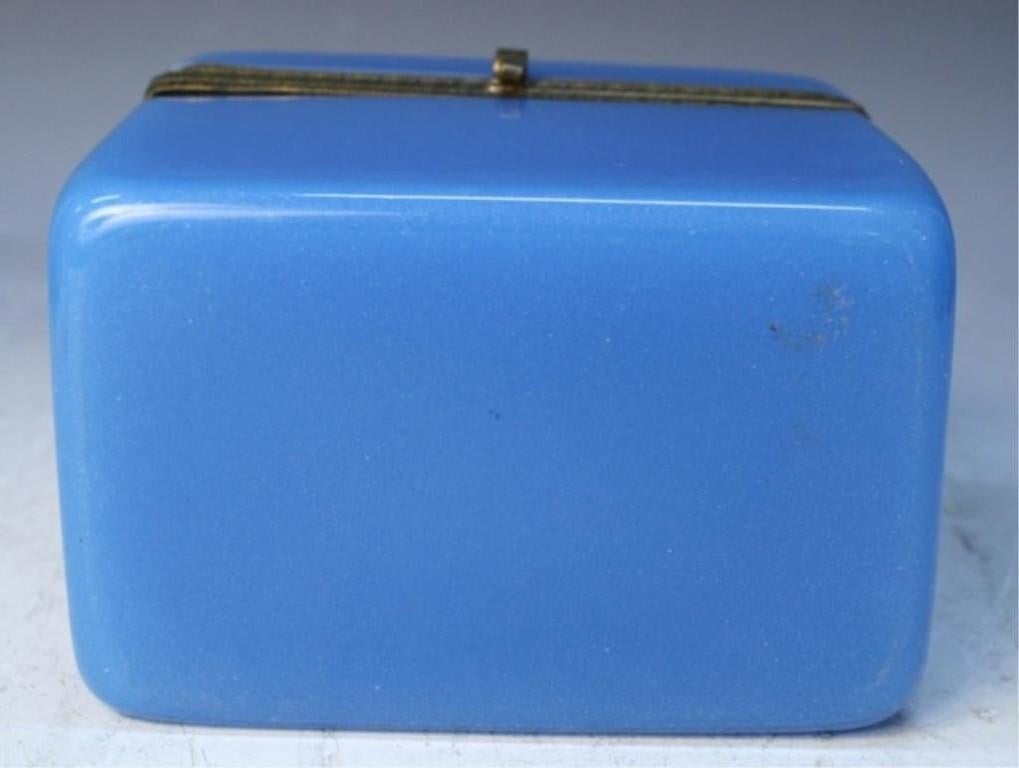 Vintage Blue Opaline Glass Vanity Box with Brass Setting 5