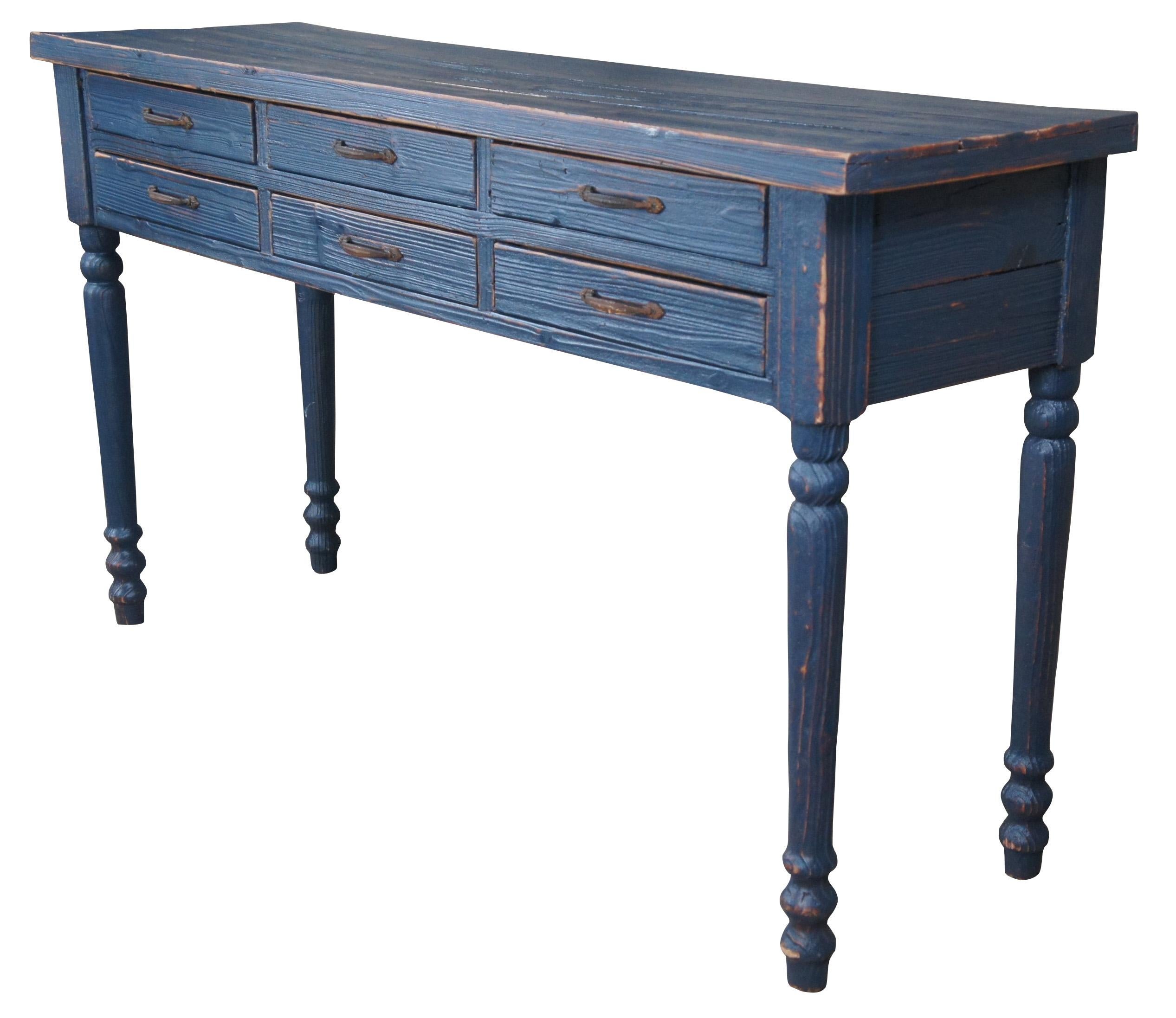 Vintage blue painted pine farmhouse sideboard, console or sofa table featuring rectangular form with six drawer and turned legs. Measure: 55