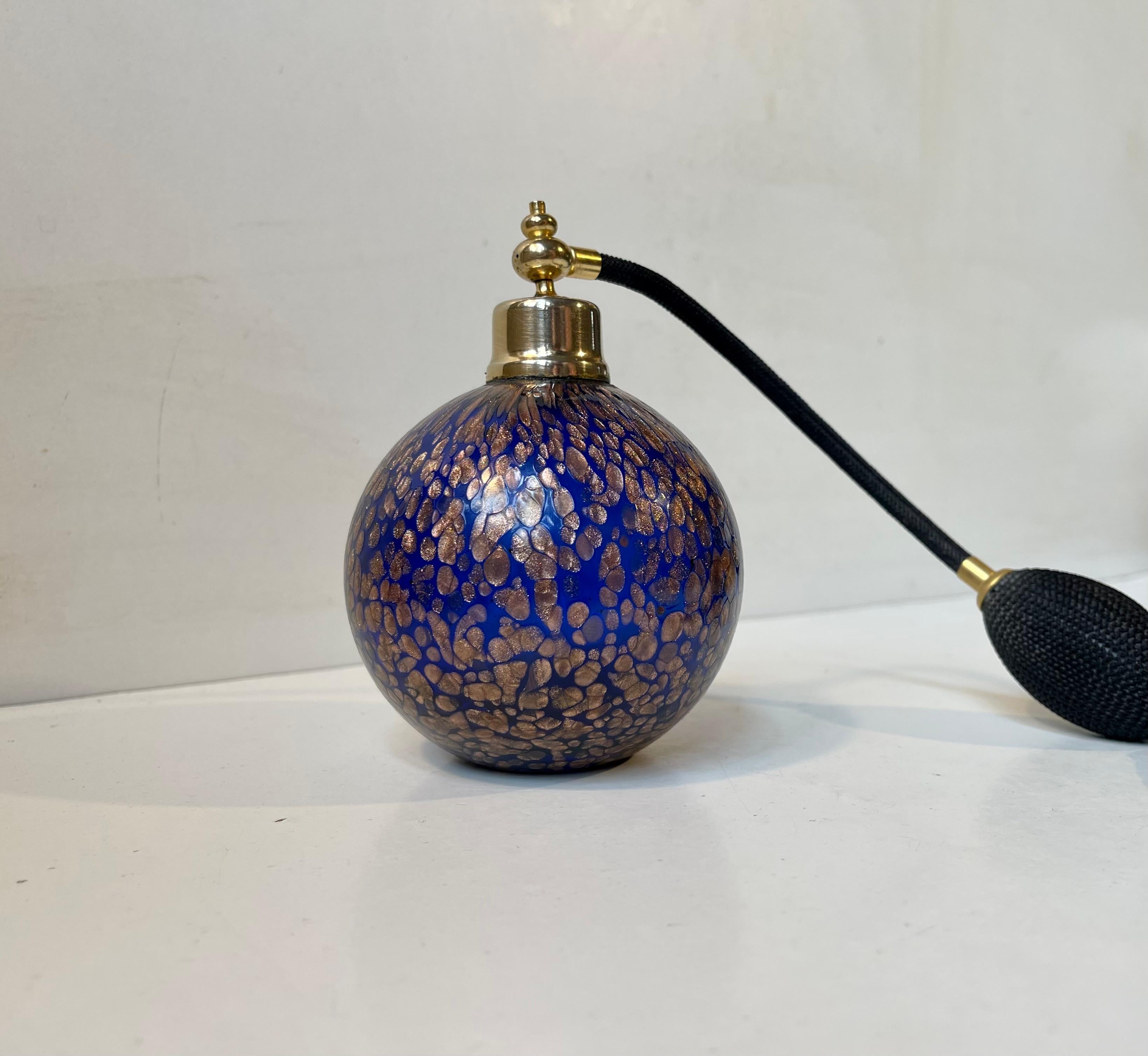 Modern Vintage Blue Perfume Flacon Bottle with Gold flecks For Sale