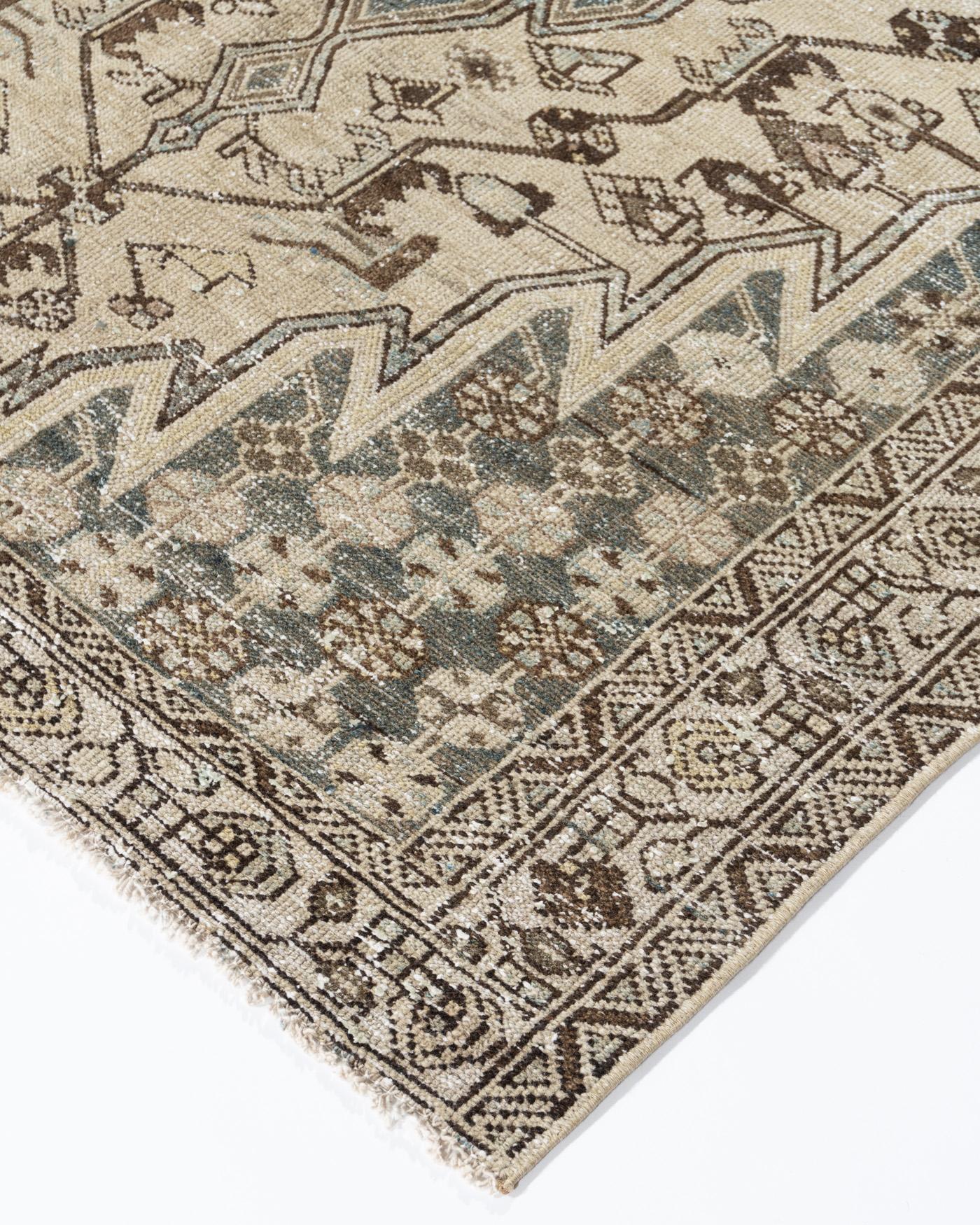 4'5 X 6'3. Hamadan Mazlagan Rug displaying the characteristic lightning bolt zig-zag pattern. Lightly distressed with low pile that adds to the patina and beauty of this hand woven rug. Colors: blues/beige/browns/gray-blue