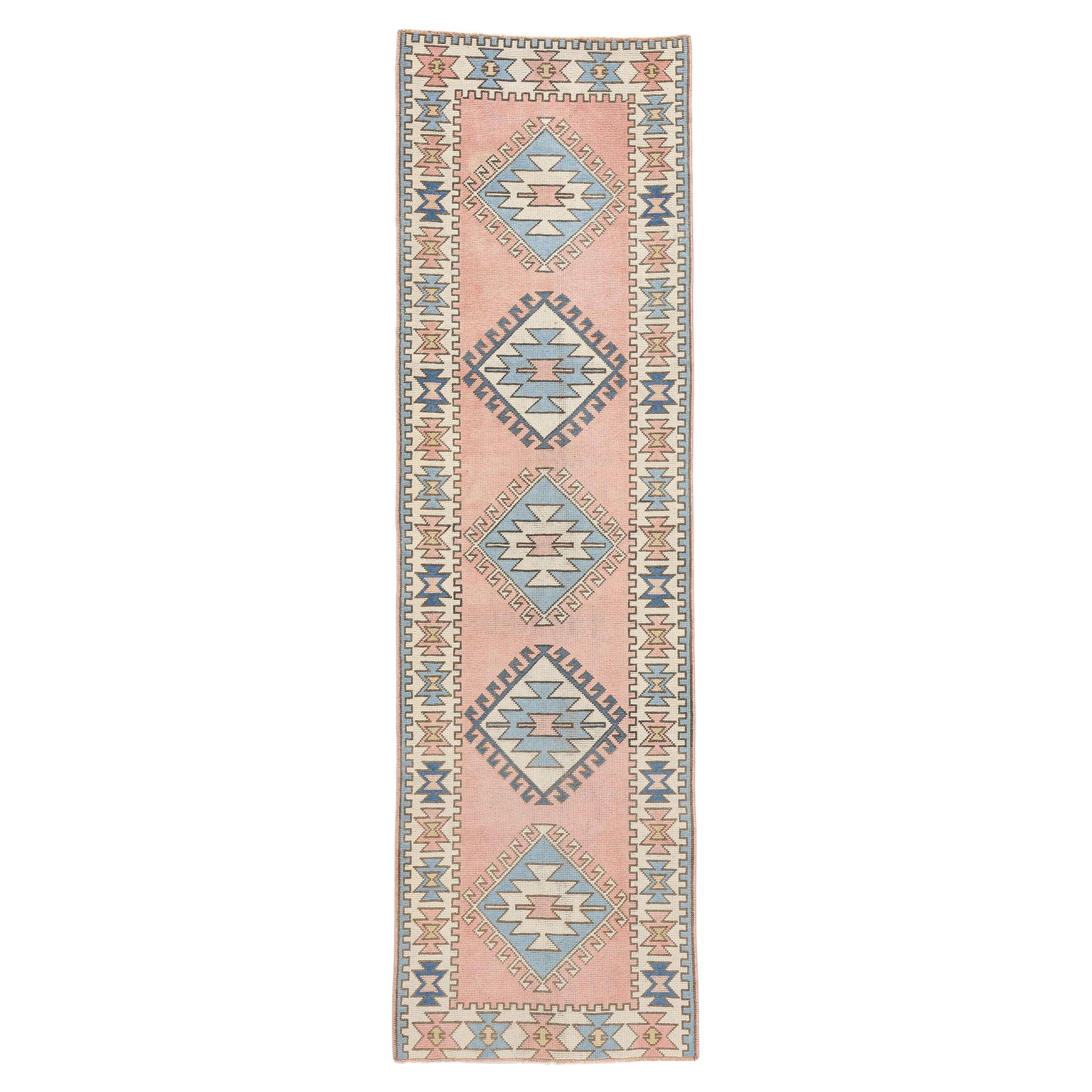 Vintage Blue & Pink Turkish Oushak Rug  For Sale