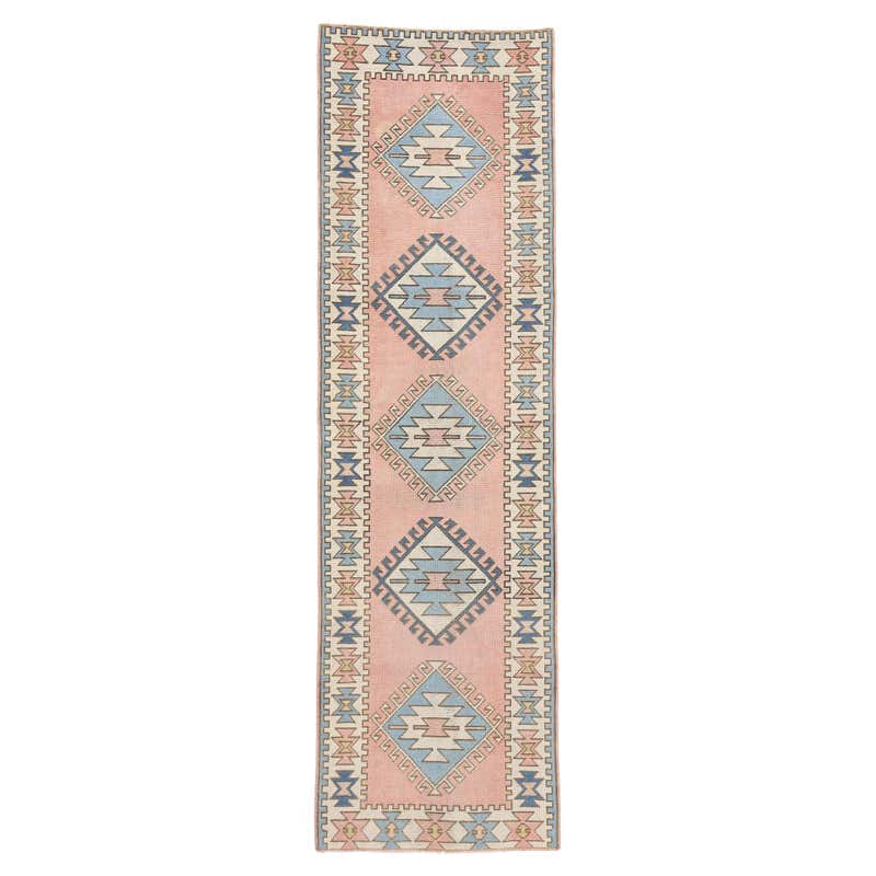 Vintage Blue and Pink Turkish Oushak Rug For Sale at 1stDibs