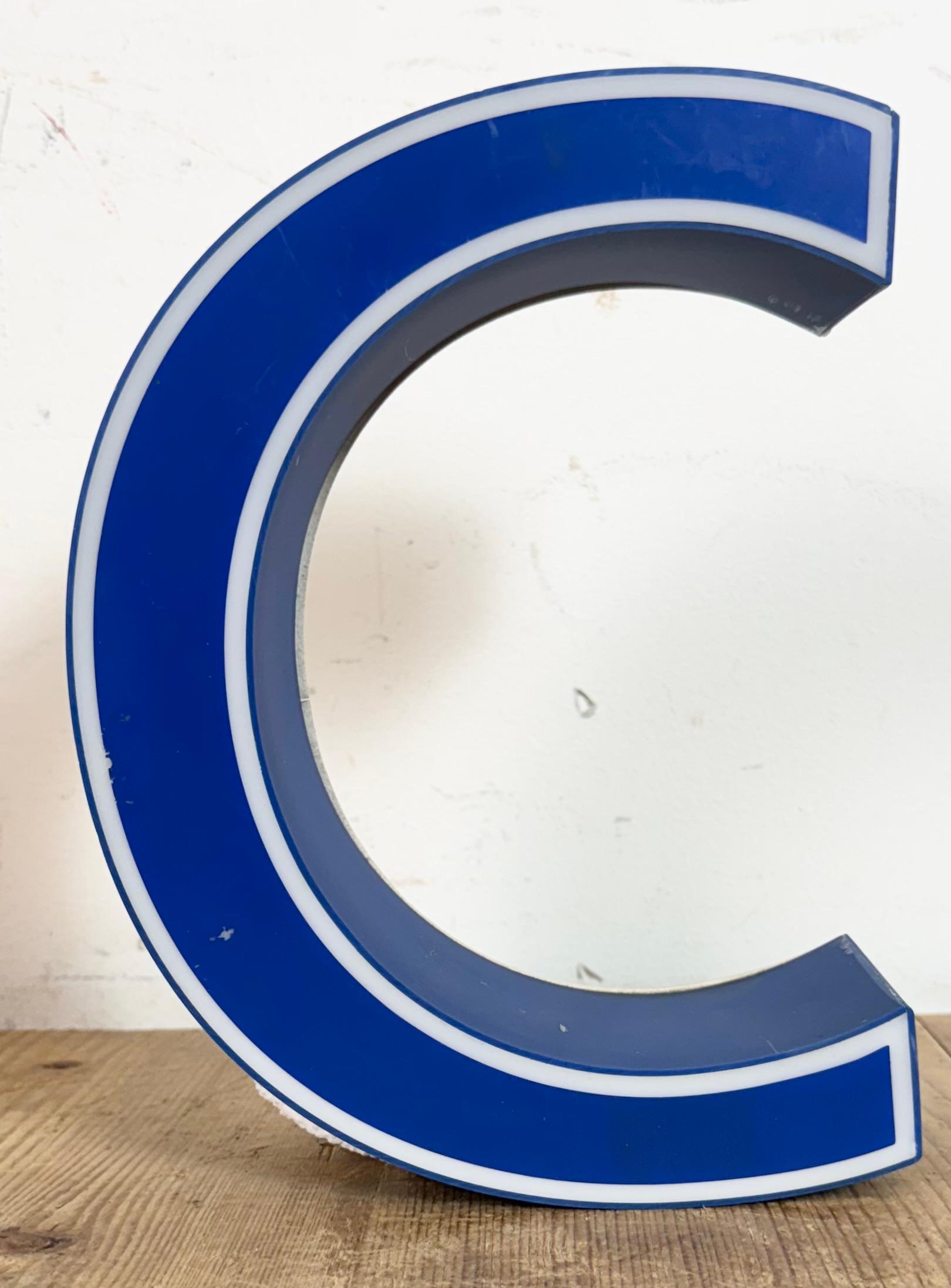Industrial Vintage Blue Plastic Illuminated Letter C , 1970s For Sale