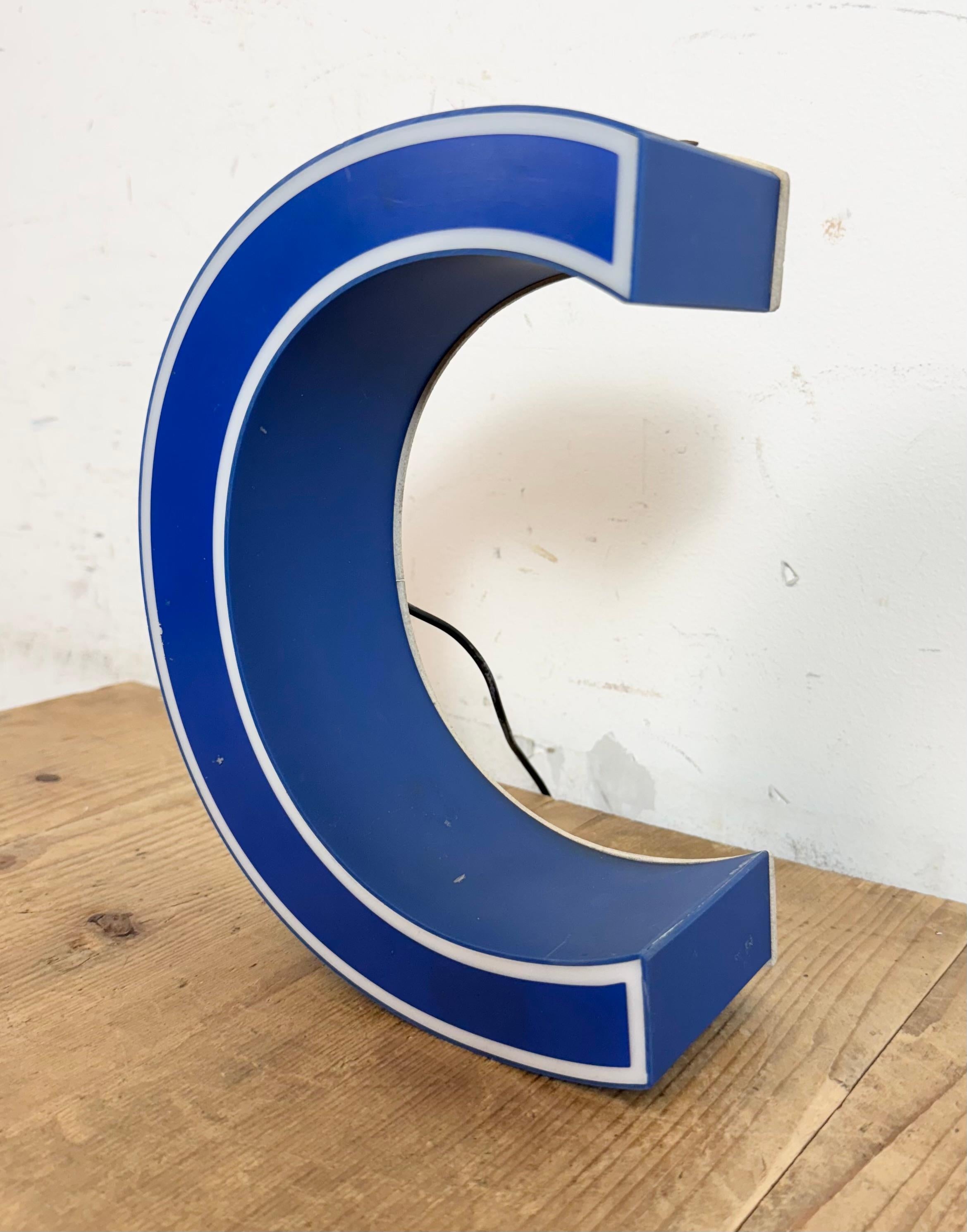 Italian Vintage Blue Plastic Illuminated Letter C , 1970s For Sale
