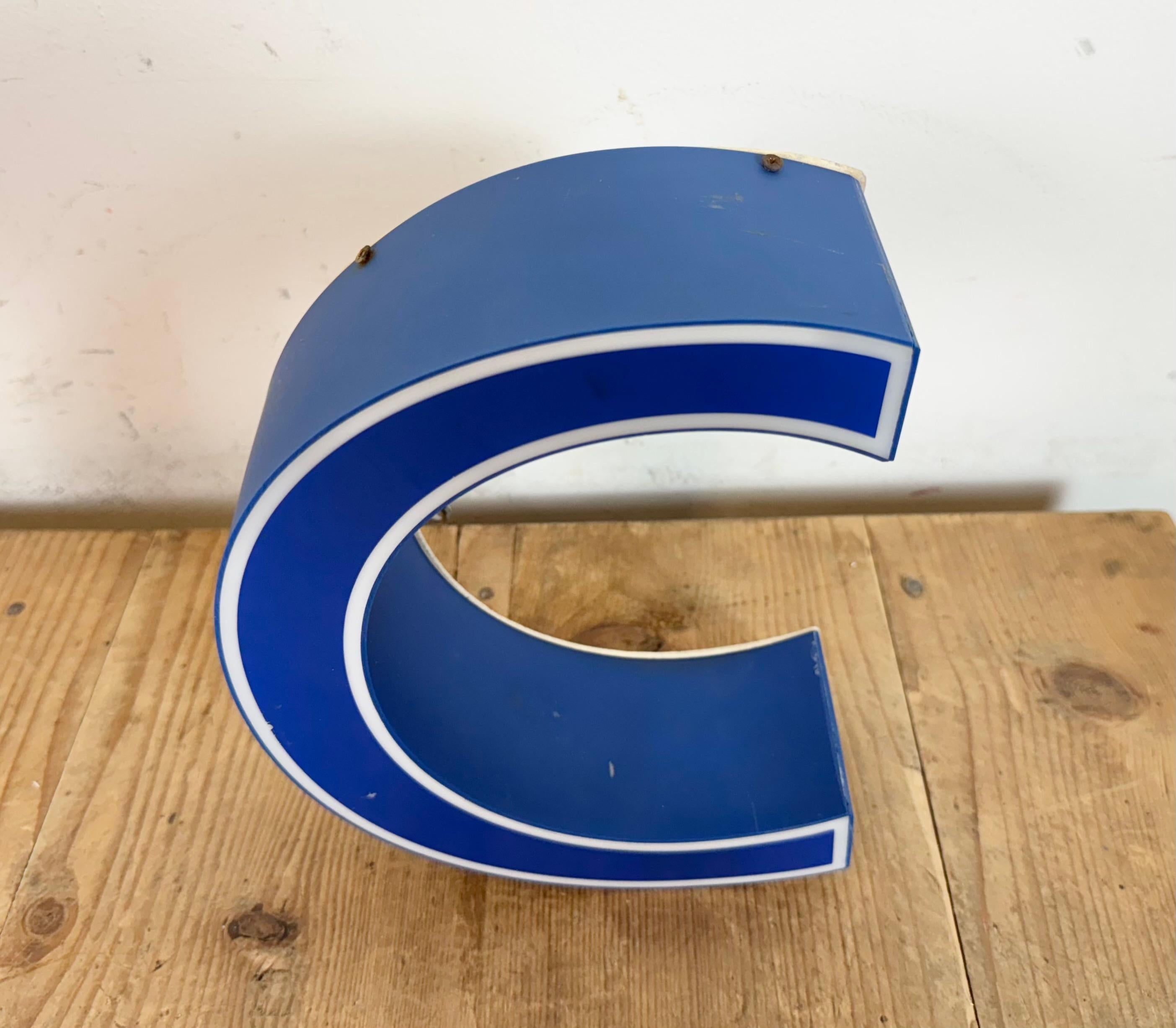 Vintage Blue Plastic Illuminated Letter C , 1970s In Good Condition For Sale In Kojetice, CZ
