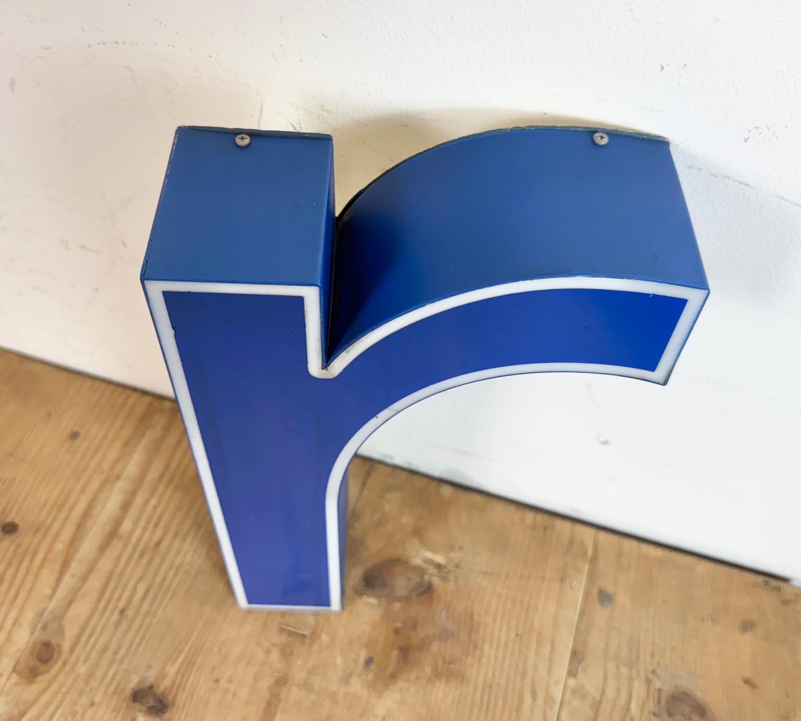 Vintage Blue Plastic Illuminated Letter R , 1970s In Good Condition For Sale In Kojetice, CZ