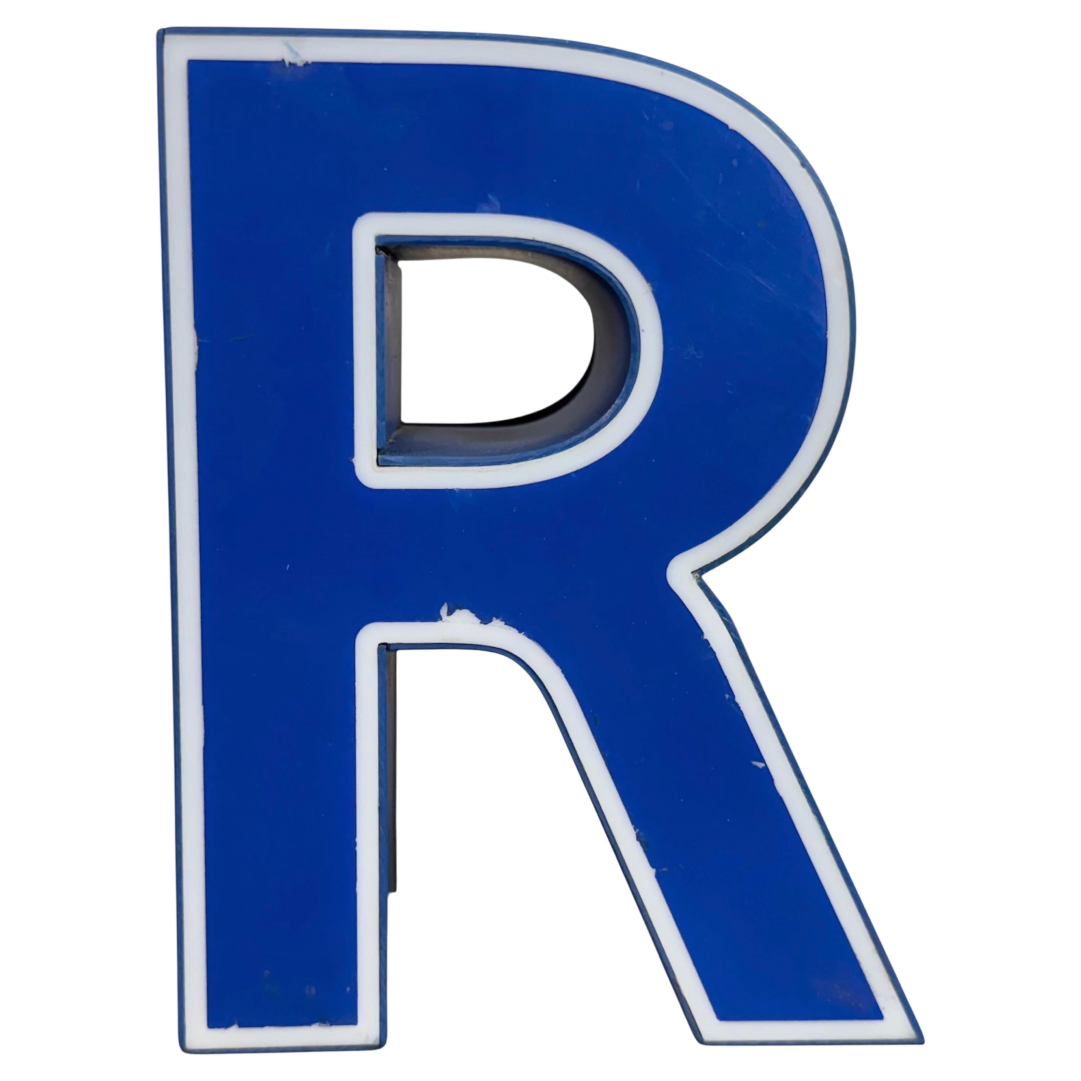 Letra R iluminada de plástico azul vintage, años 70