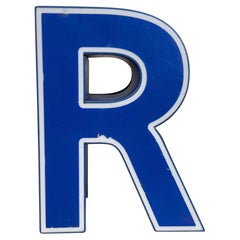 Letra R iluminada de plástico azul vintage, años 70
