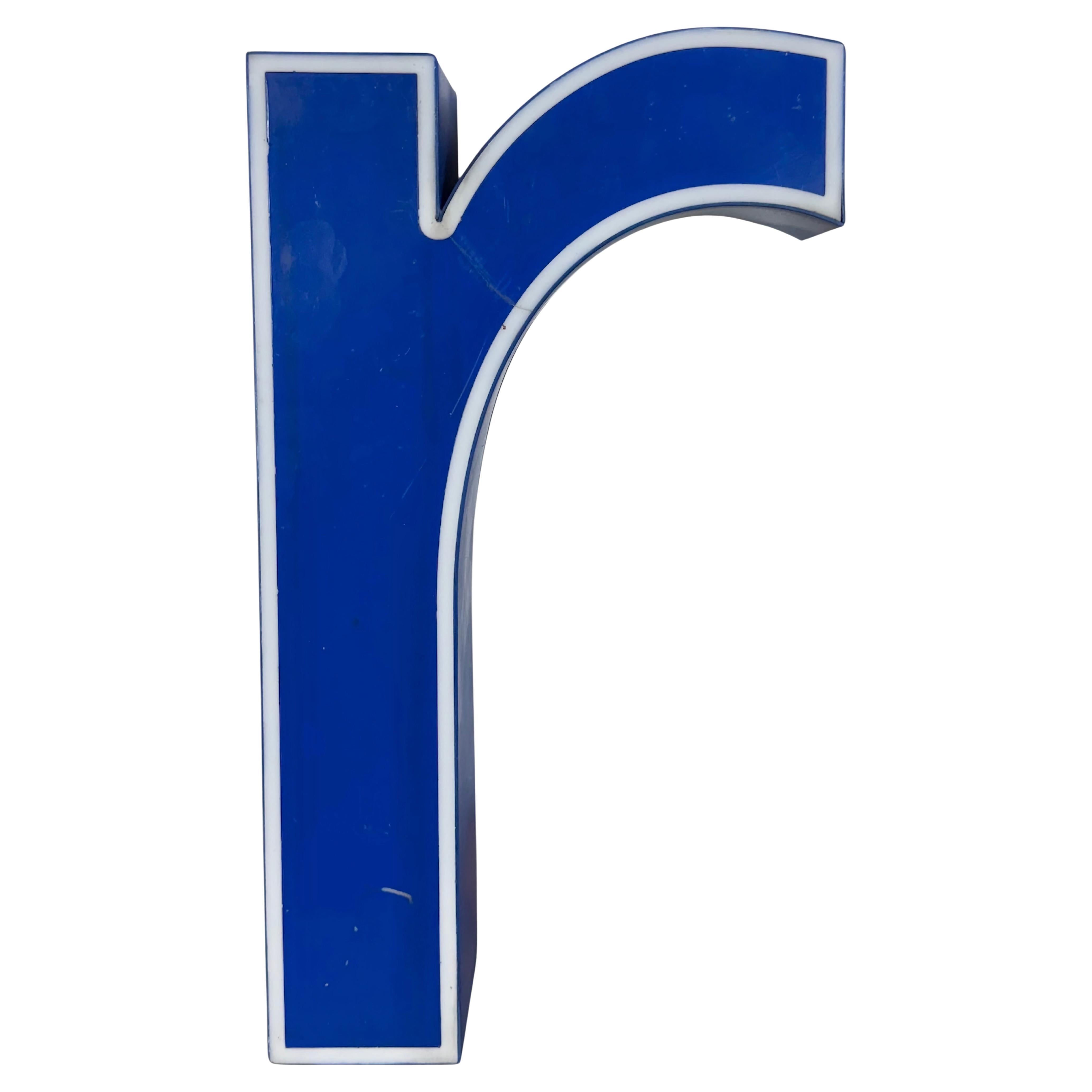 Letra R iluminada de plástico azul vintage , años 70