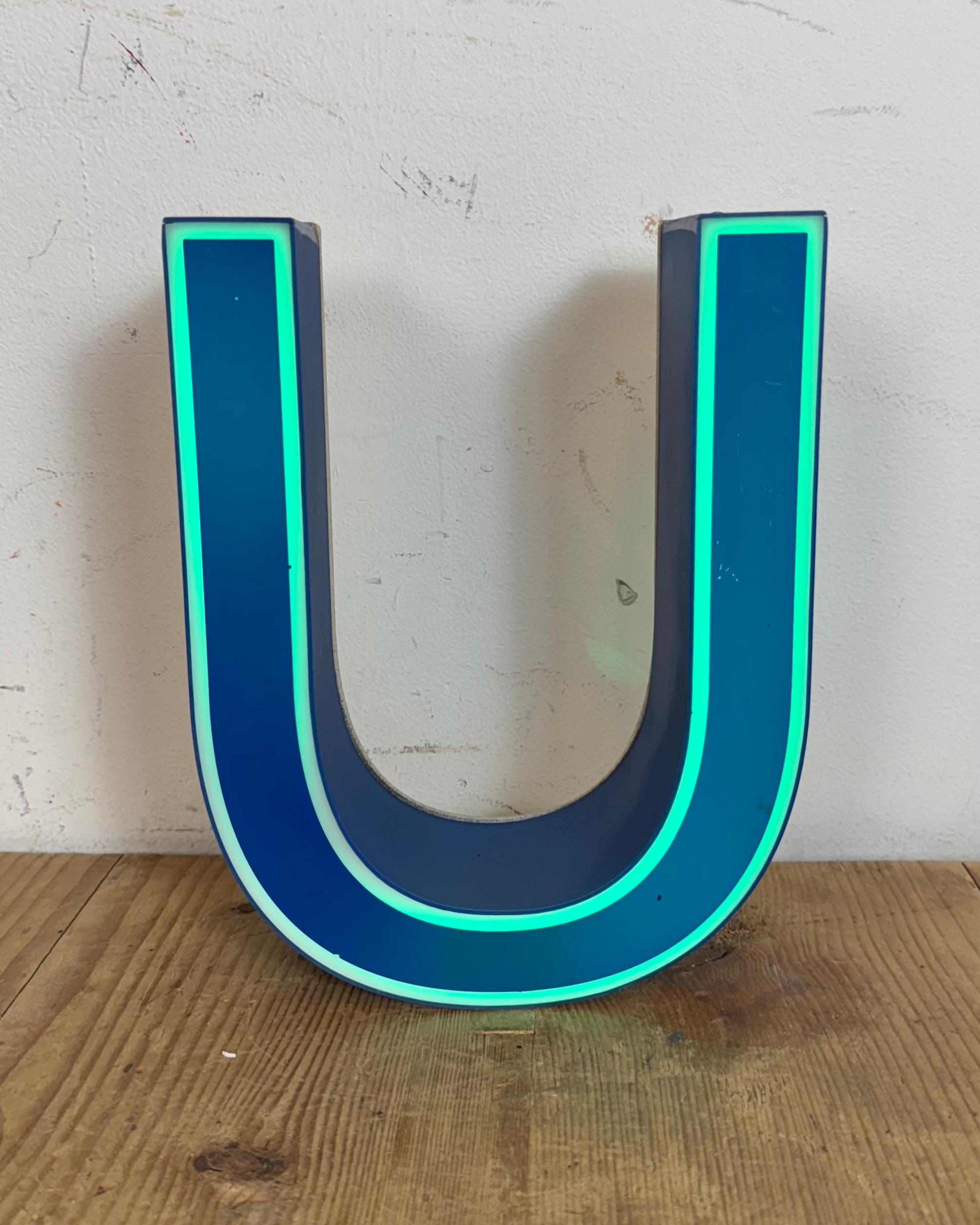 Vintage Blue Plastic Illuminated Letter U , 1970s For Sale 4