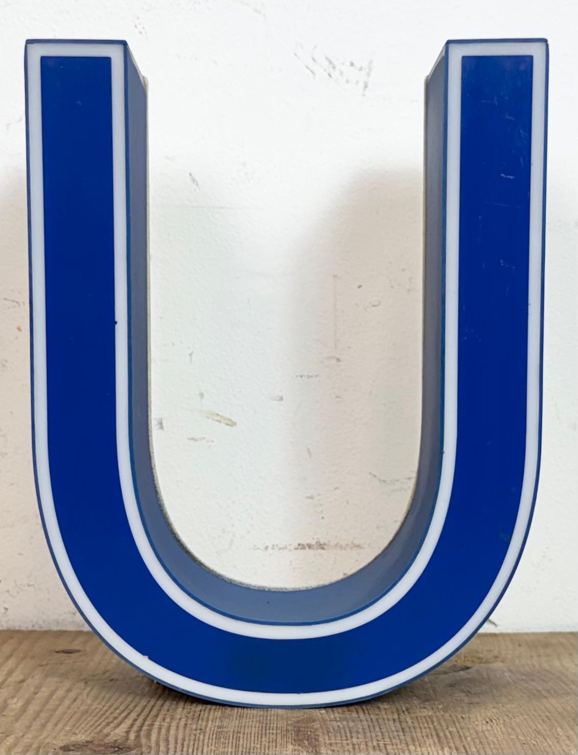 Industrial Vintage Blue Plastic Illuminated Letter U , 1970s For Sale