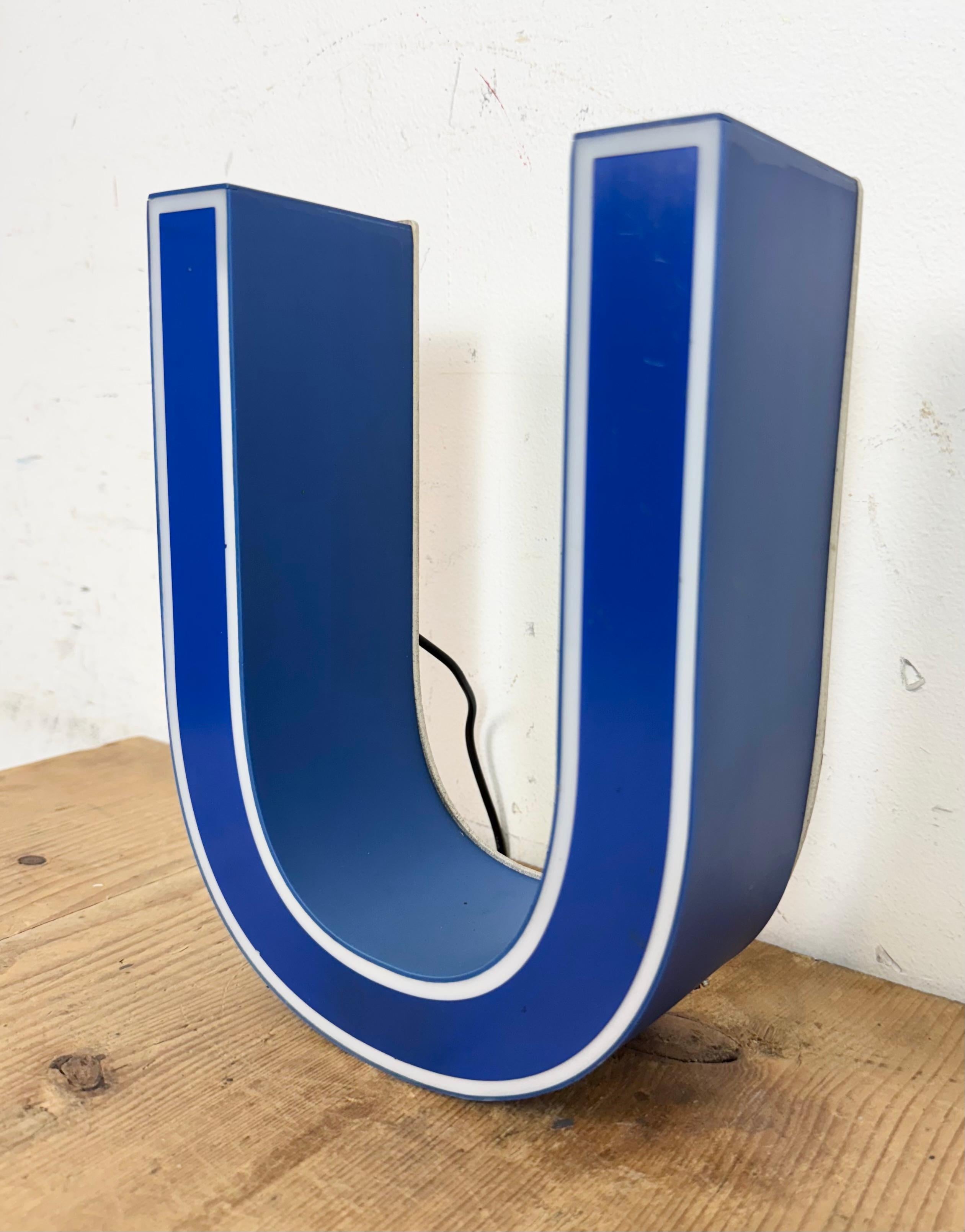 Italian Vintage Blue Plastic Illuminated Letter U , 1970s For Sale