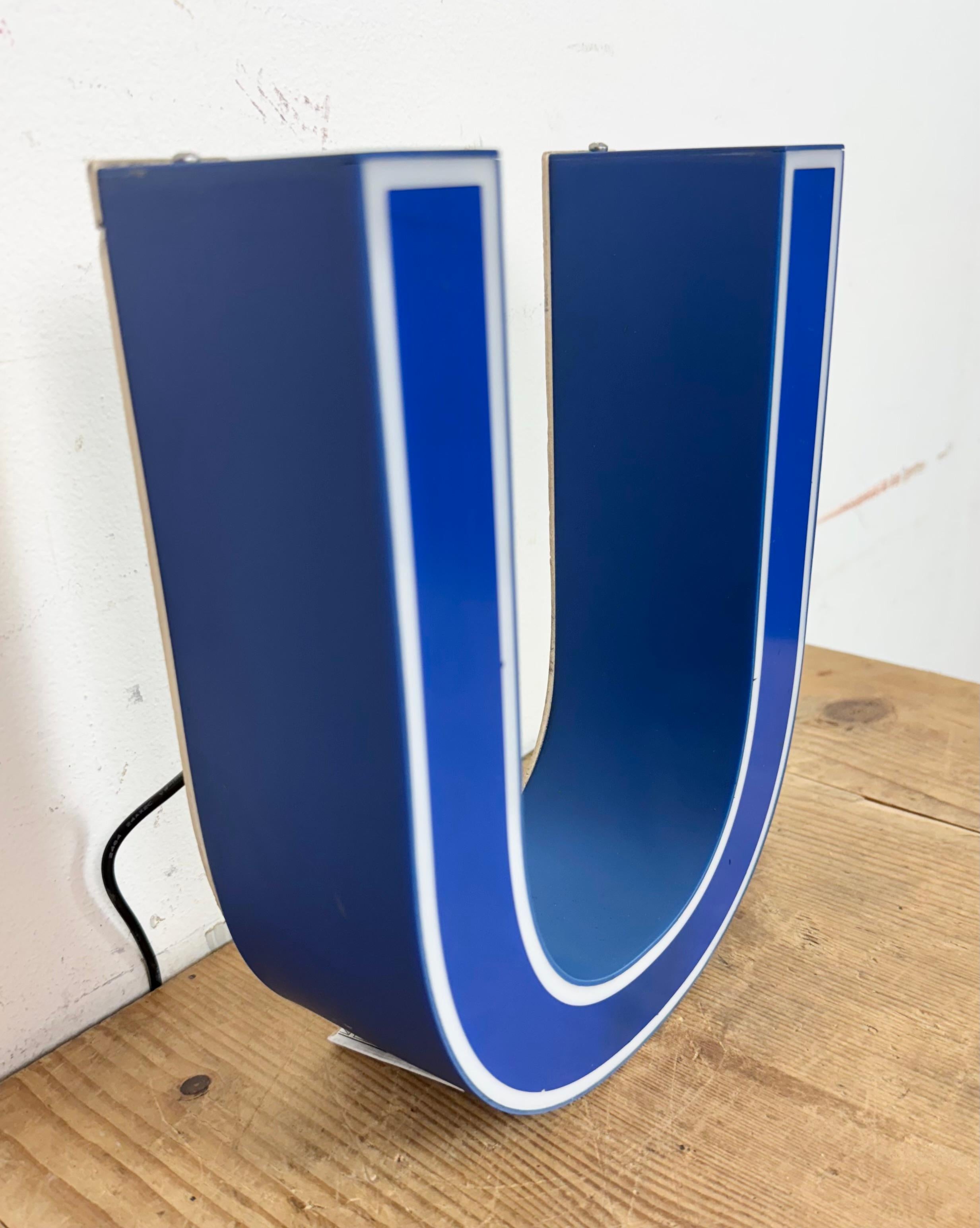 Vintage Blue Plastic Illuminated Letter U , 1970s In Good Condition For Sale In Kojetice, CZ