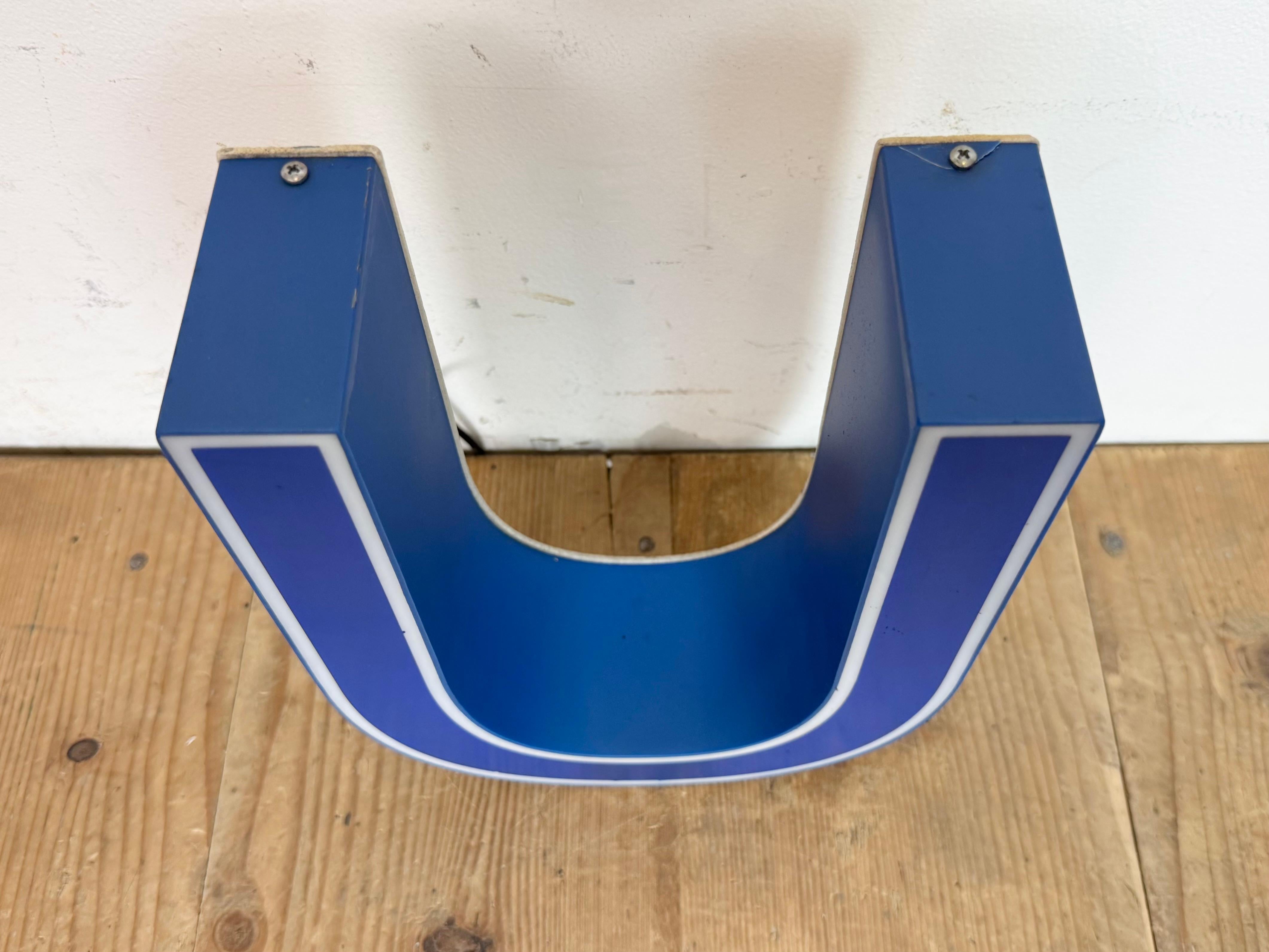 Late 20th Century Vintage Blue Plastic Illuminated Letter U , 1970s For Sale