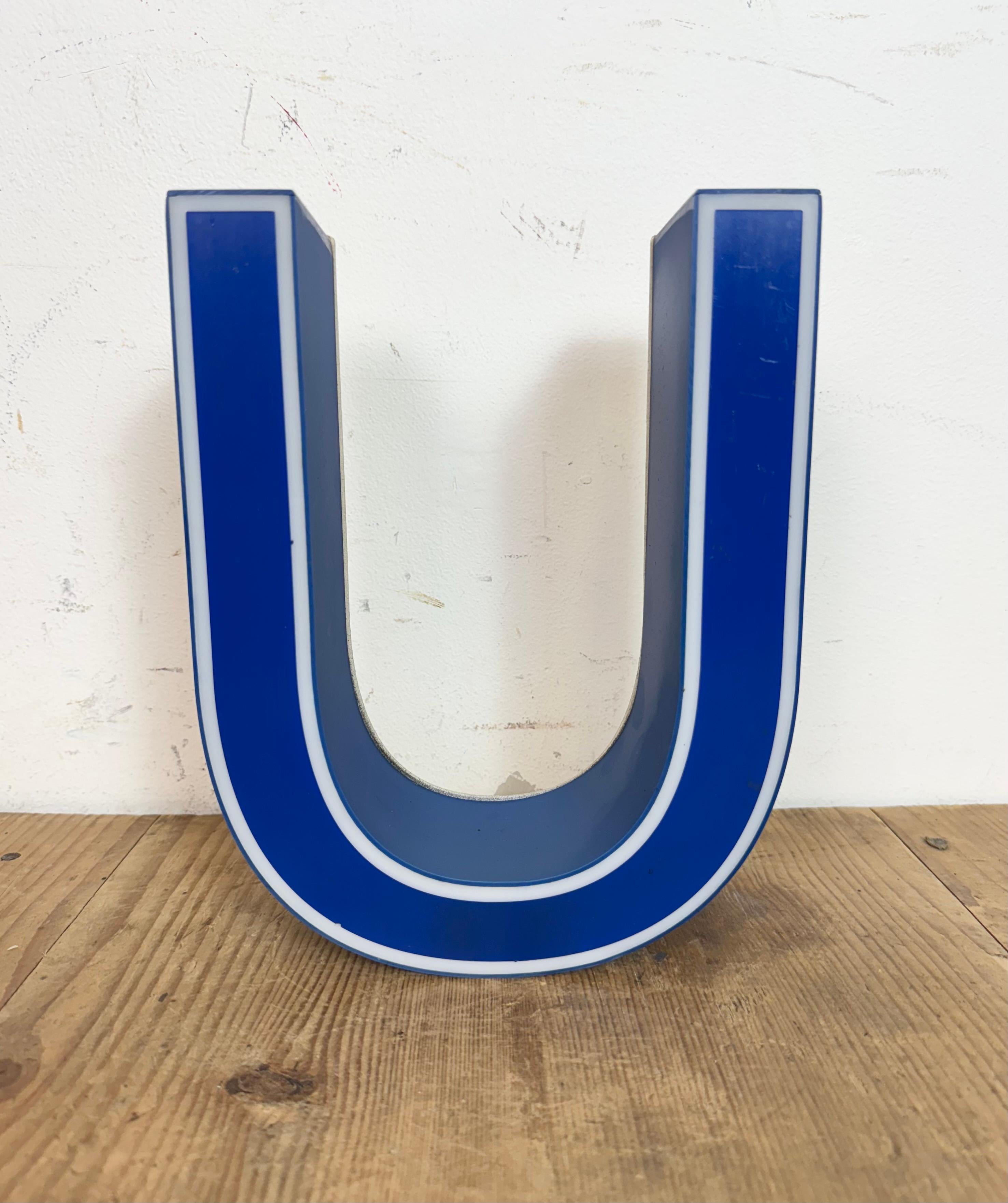 Vintage Blue Plastic Illuminated Letter U , 1970s For Sale 1