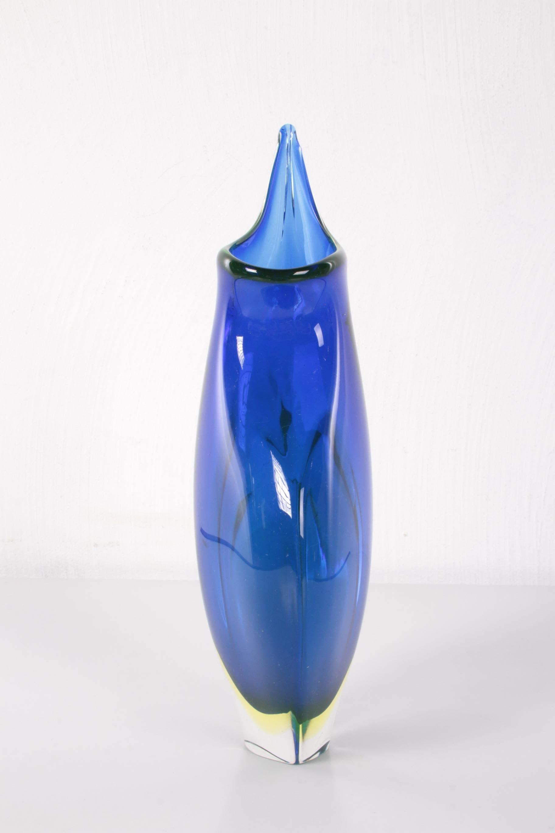 Mid-20th Century Vintage Blue Pointed Vase of Murano Glass with Uranium or Annegreen, 1960s
