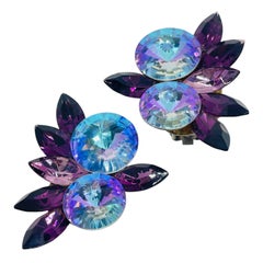 Vintage blue purple nanette glass stones clip on earrings