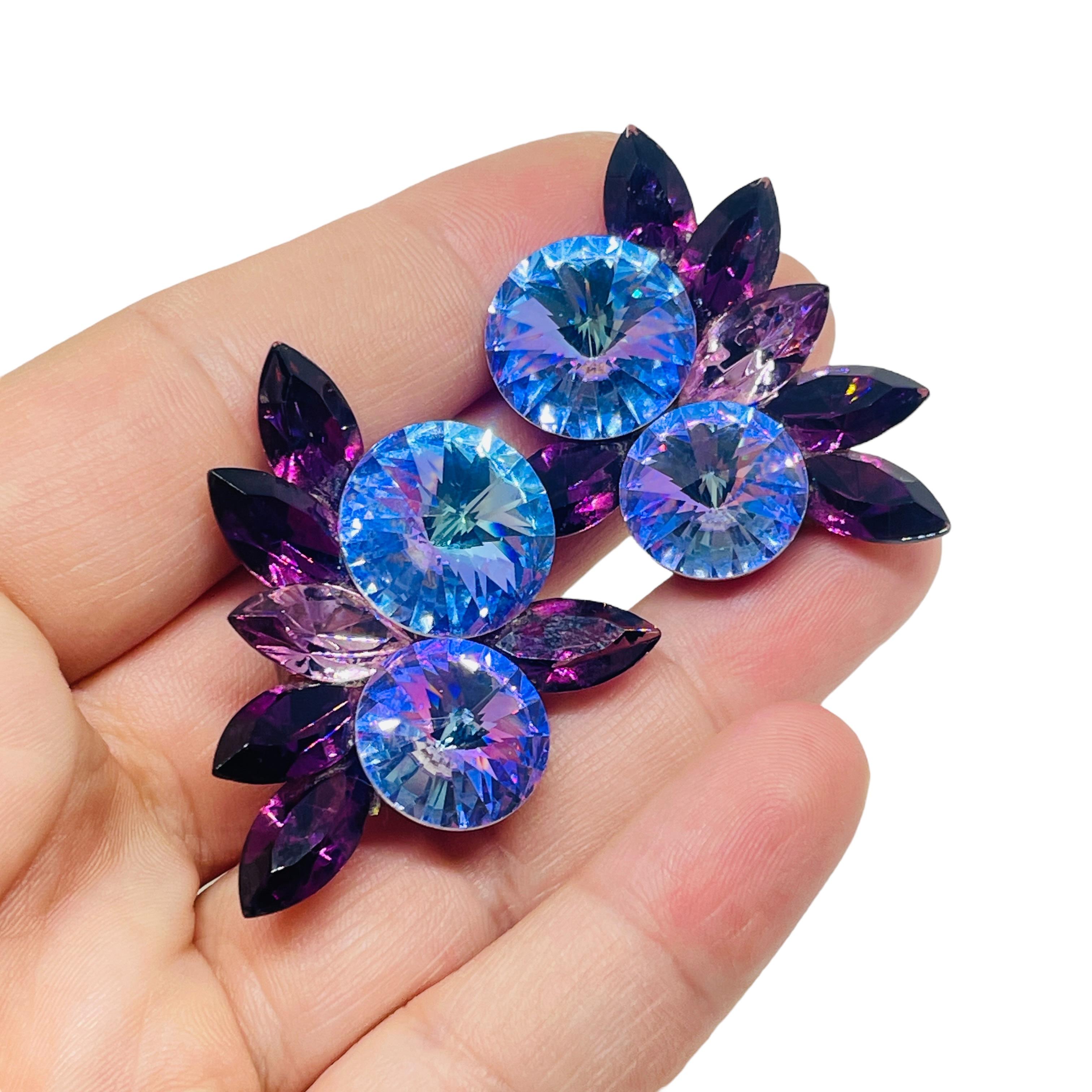Boucles d'oreilles clips vintage bleu violet nanette pierres de verre Pour femmes en vente