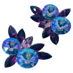 Vintage blue purple nanette glass stones clip on earrings