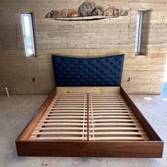 2000s Modern Blue Queen Platform Bed Upholstered Button