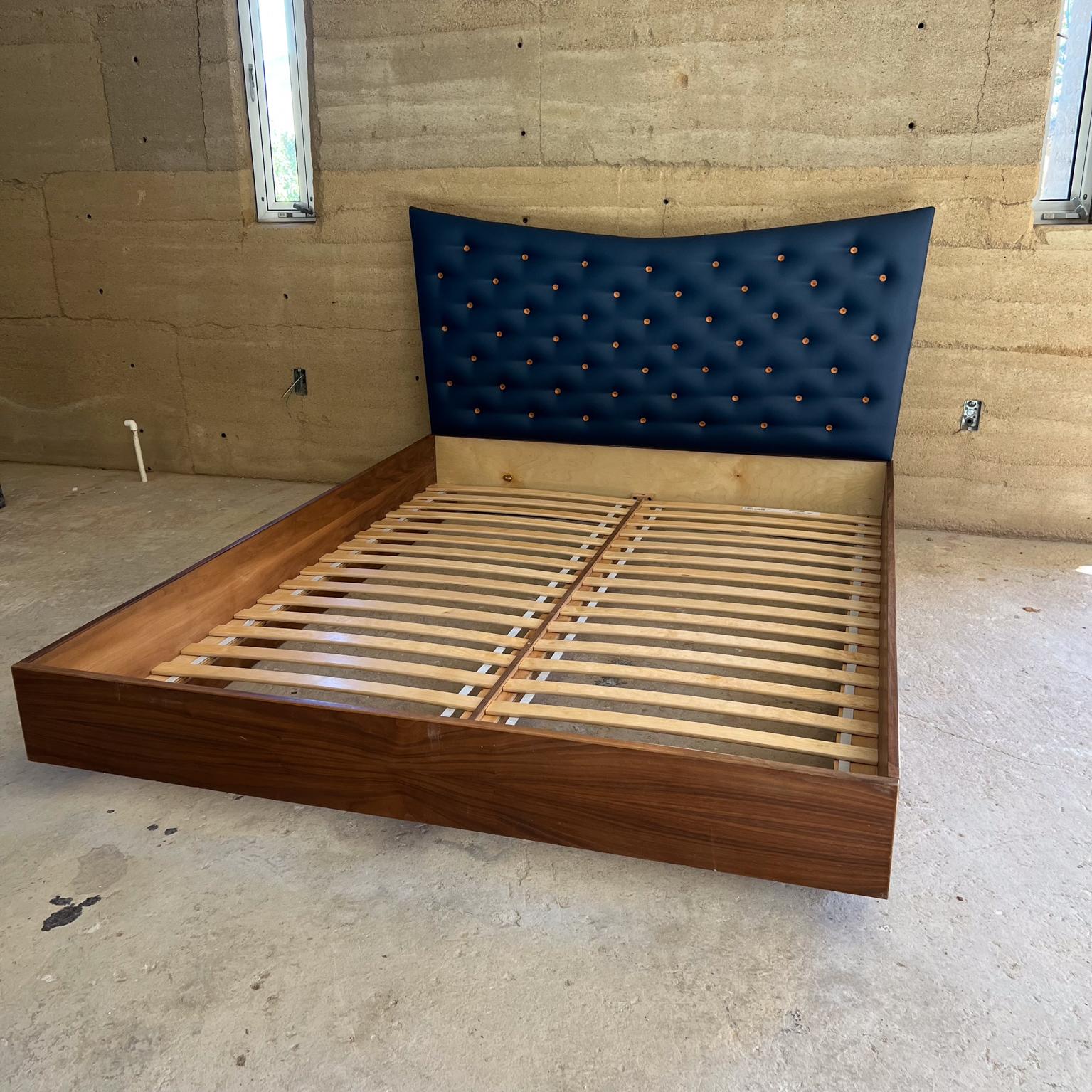 Mid-Century Modern 2000s Modern Blue Queen Platform Bed Upholstered Button For Sale