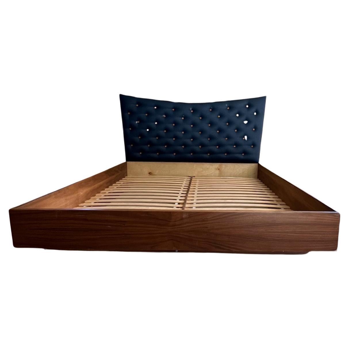 2000s Modern Blue Queen Platform Bed Upholstered Button