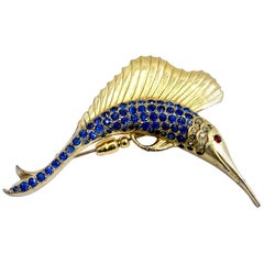 Vintage Blue & Red Crystals Swordfish Brooch