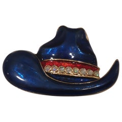 Vintage blue red with swarovski stones gold plated hat brooch