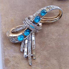 Vintage Blue Rhinestones Bow Brooch 1950s