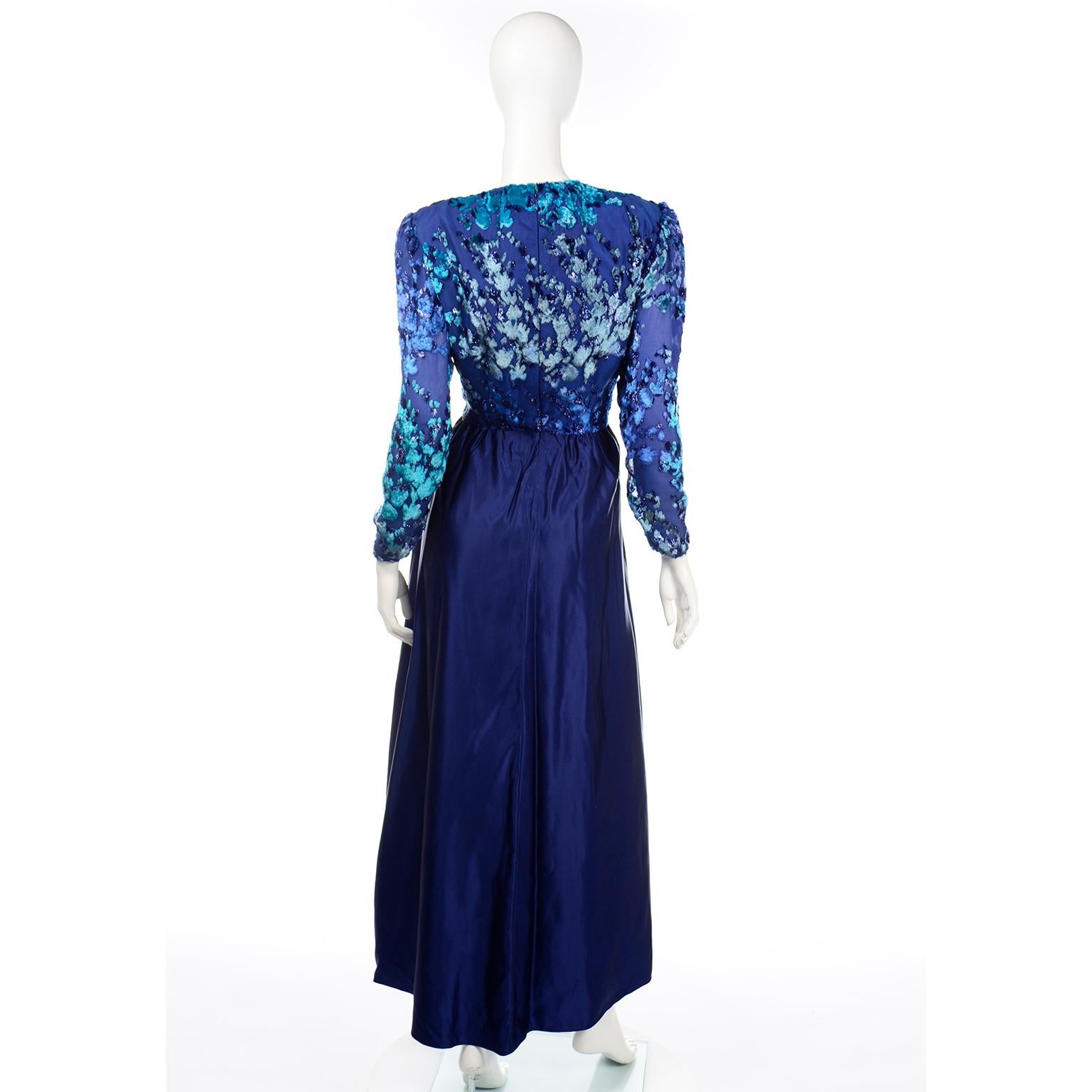 Vintage Blue Richilene Evening Dress with Burnout Velvet Bodice In Excellent Condition For Sale In Portland, OR