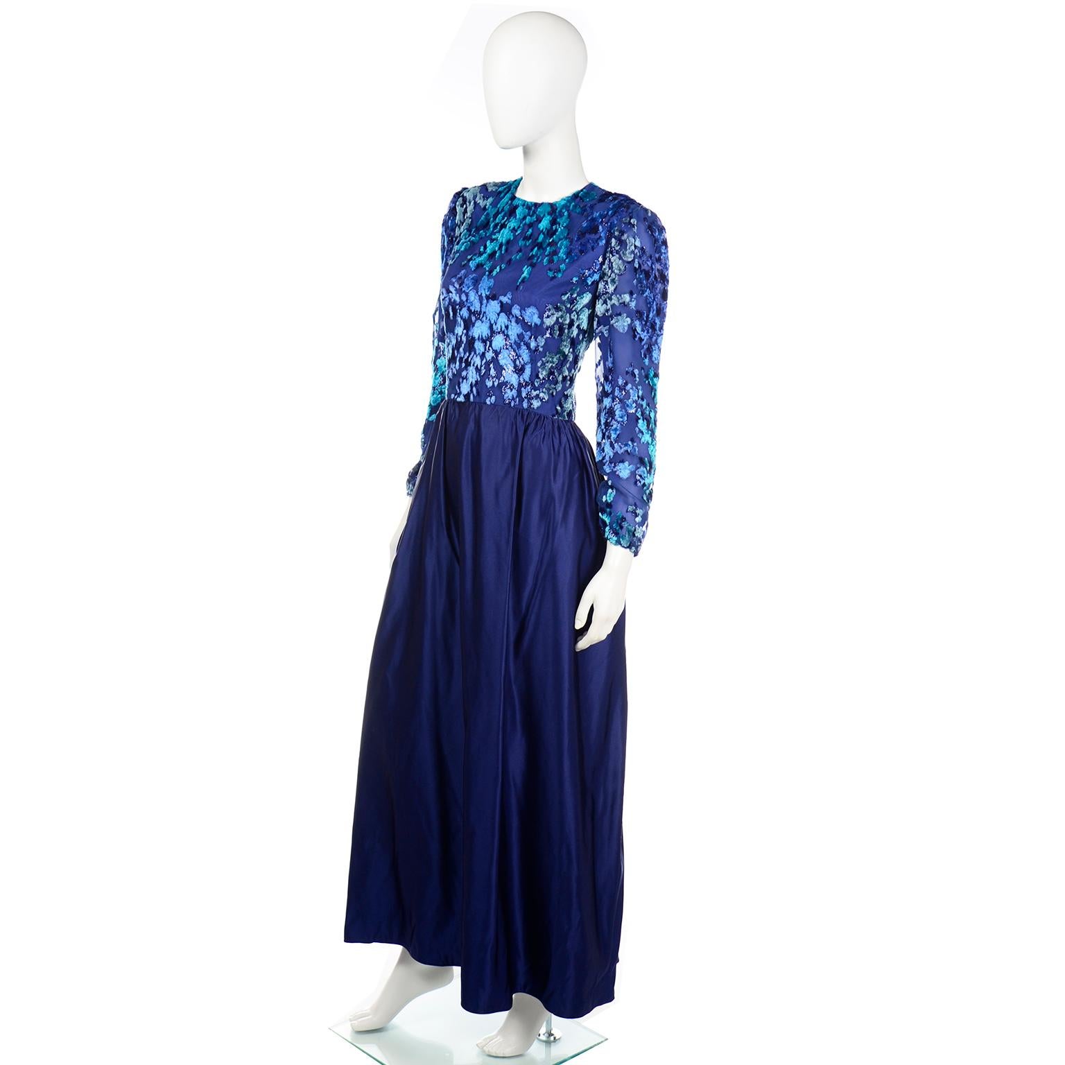 Women's Vintage Blue Richilene Evening Dress with Burnout Velvet Bodice For Sale