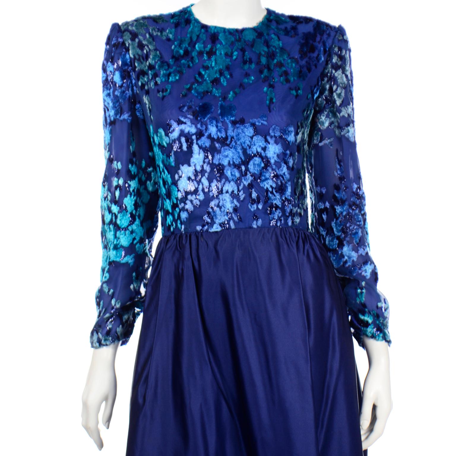 Vintage Blue Richilene Evening Dress with Burnout Velvet Bodice For Sale 1