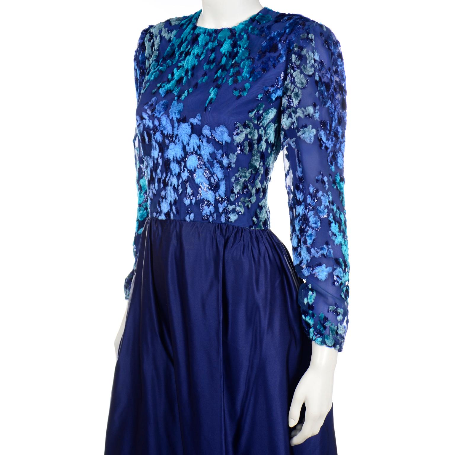 Vintage Blue Richilene Evening Dress with Burnout Velvet Bodice For Sale 2