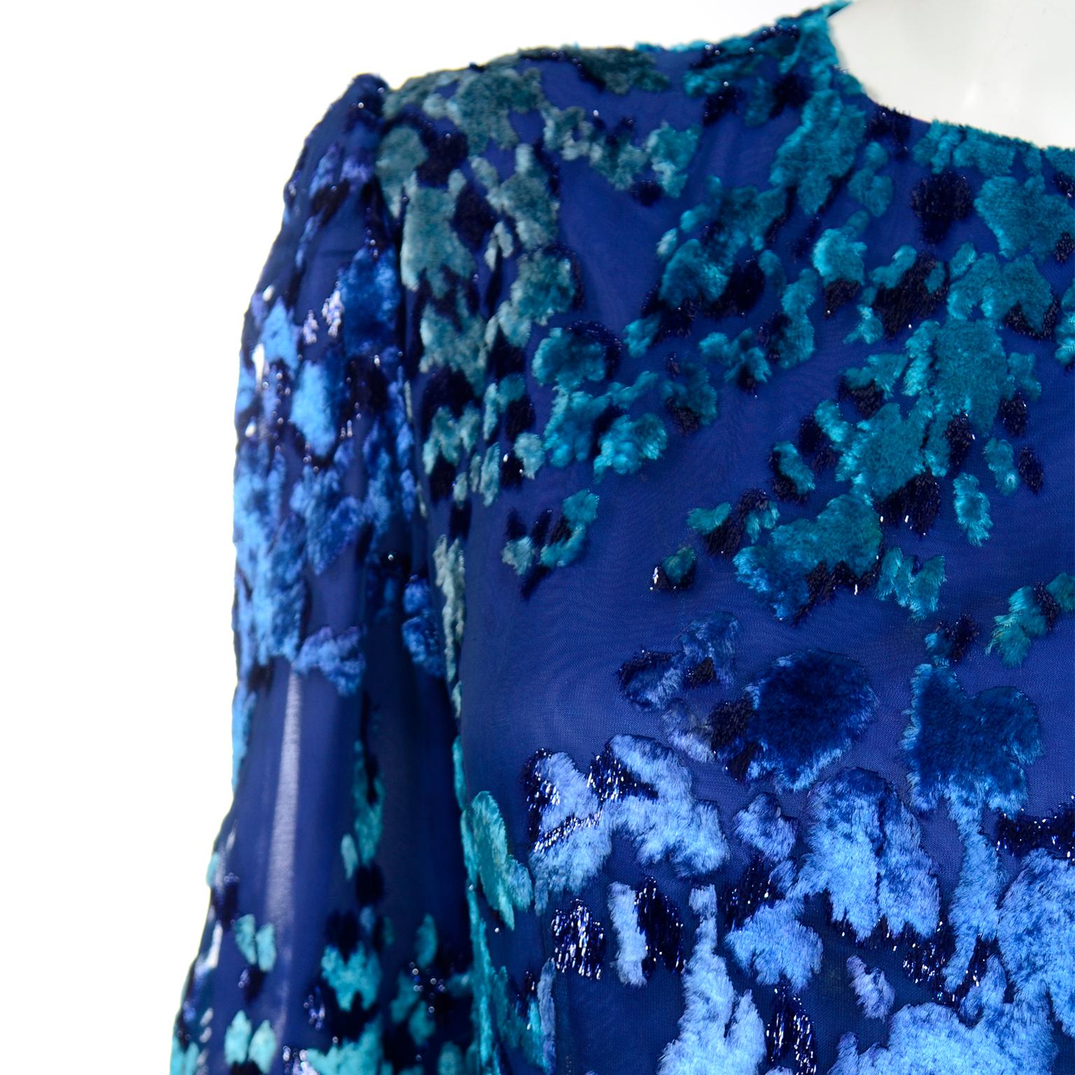Vintage Blue Richilene Evening Dress with Burnout Velvet Bodice For Sale 3
