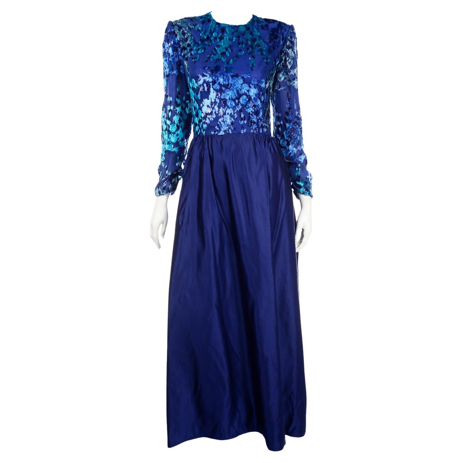 Vintage Blue Richilene Evening Dress with Burnout Velvet Bodice For Sale