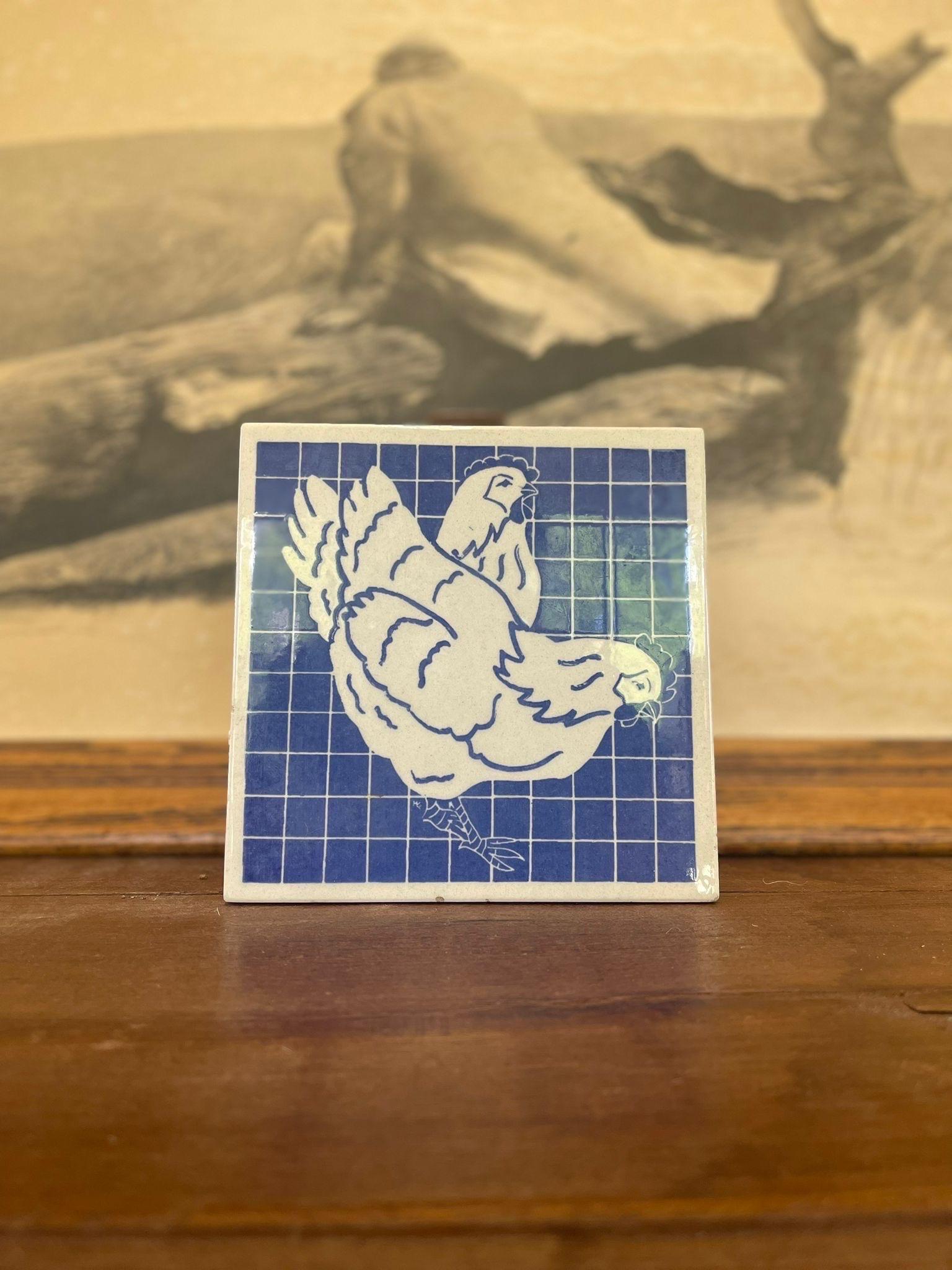 Mid-Century Modern Vintage Blue Rooster Tile Coaster Motif Dish Unique  Art Decor For Sale