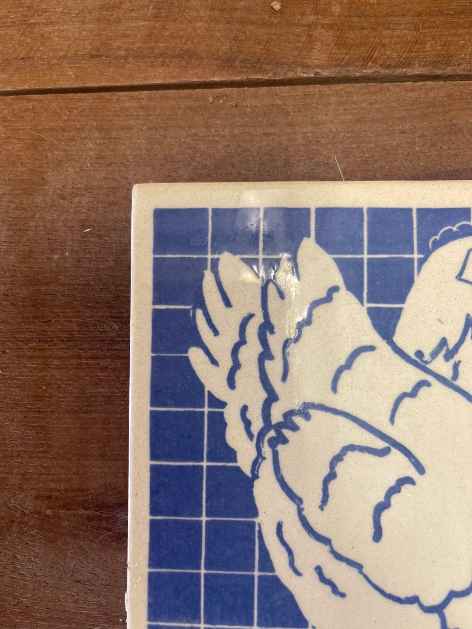 Vintage Blue Rooster Tile Coaster Motif Dish Unique  Art Decor In Good Condition For Sale In Seattle, WA