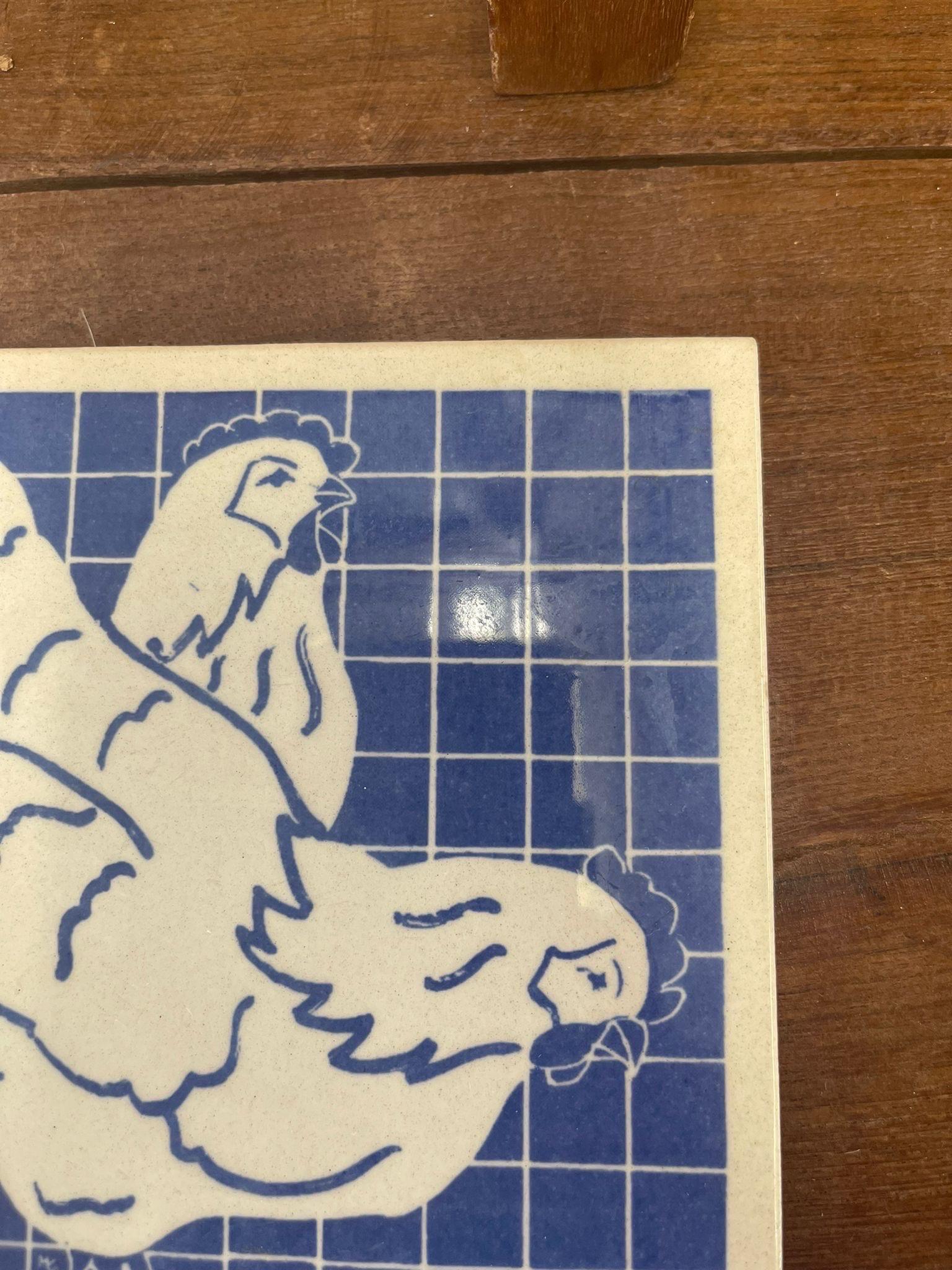 Late 20th Century Vintage Blue Rooster Tile Coaster Motif Dish Unique  Art Decor For Sale