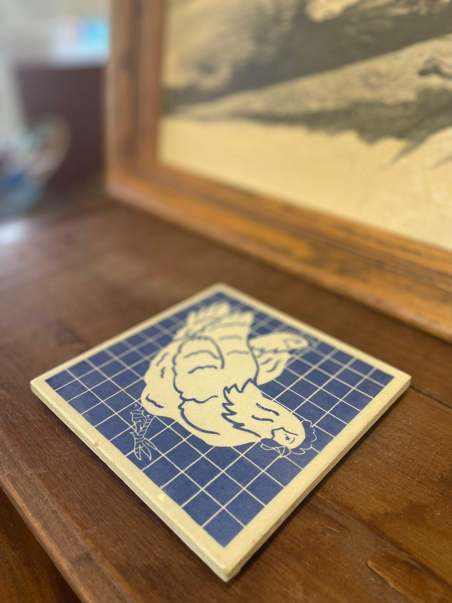 Vintage Azul Gallo Azulejo Posavasos Motivo Plato Único  Art Decor Piedra en venta