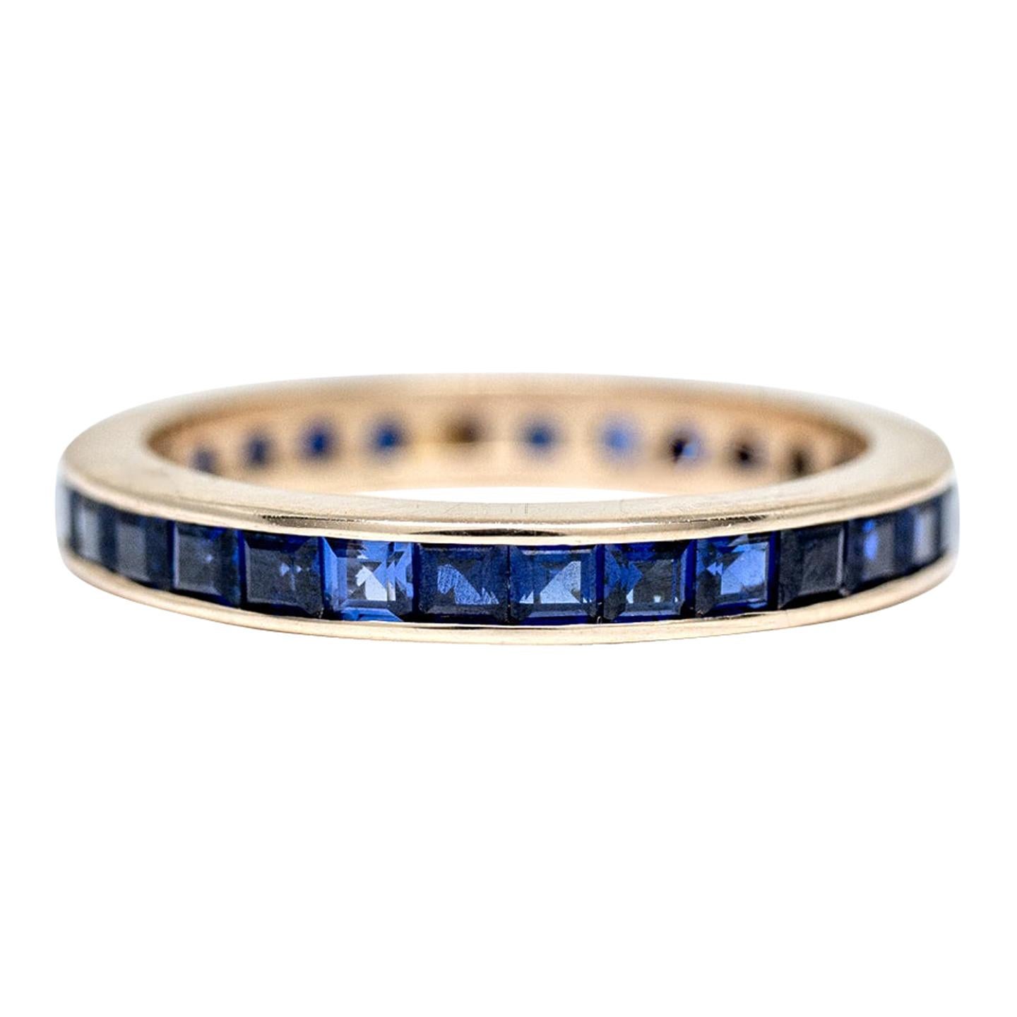 Vintage Blue Sapphire 14 Karat Gold Retro Eternity Band Wedding Ring Stackable