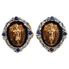 Vintage Blue Sapphire 18k Gold Platinum Lion Head Enamel Men's Cufflinks